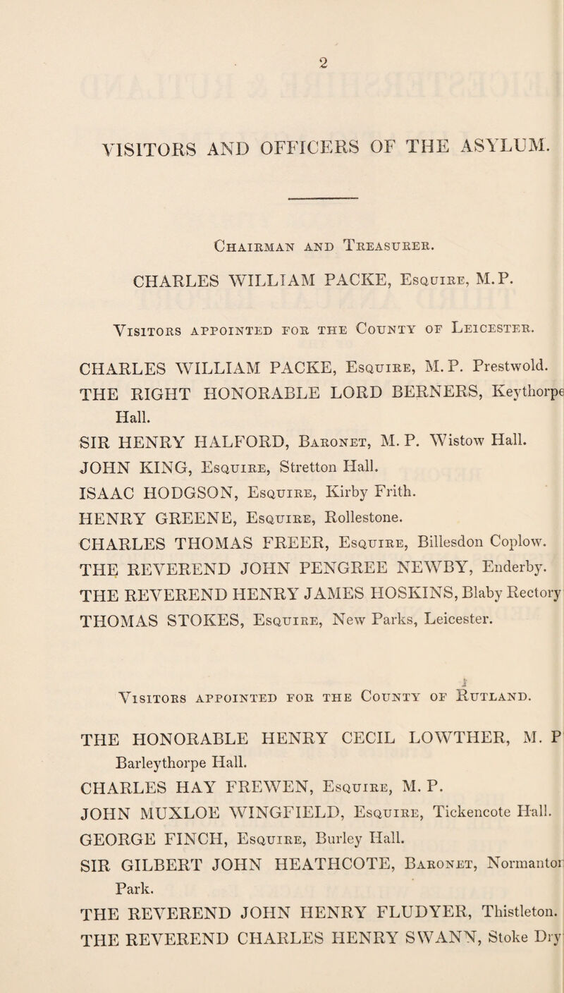 VISITORS AND OFFICERS OF THE ASYLUM. Chairman and Treasurer. CHARLES WILLIAM PACKE, Esquire, M.P. Visitors appointed eor the County oe Leicester. CHARLES WILLIAM PACKE, Esquire, M.P. Prestwold. THE RIGHT HONORABLE LORD BERNERS, Keythorpe Hall. SIR HENRY HALFORD, Baronet, M.P. Wistow Hall. JOHN KING, Esquire, Stretton Hall. ISAAC HODGSON, Esquire, Kirby Frith. HENRY GREENE, Esquire, Rollestone. CHARLES THOMAS FREER, Esquire, Billesdon Coplow. THE REVEREND JOHN PENGREE NEWBY, Enderby. THE REVEREND HENRY JAMES HOSKINS, Blaby Rectory THOMAS STOKES, Esquire, New Parks, Leicester. i Visitors appointed for the County of Rutland. THE HONORABLE HENRY CECIL LOWTHER, M. P Barleythorpe Hall. CHARLES HAY FREWEN, Esquire, M. P. JOPIN MUXLOE WINGFIELD, Esquire, Tickencote Hall. GEORGE FINCH, Esquire, Burley Hall. SIR GILBERT JOHN HEATHCOTE, Baronet, Normantor Park. THE REVEREND JOHN HENRY FLUDYER, Thistleton. THE REVEREND CHARLES HENRY SWANN, Stoke Dry