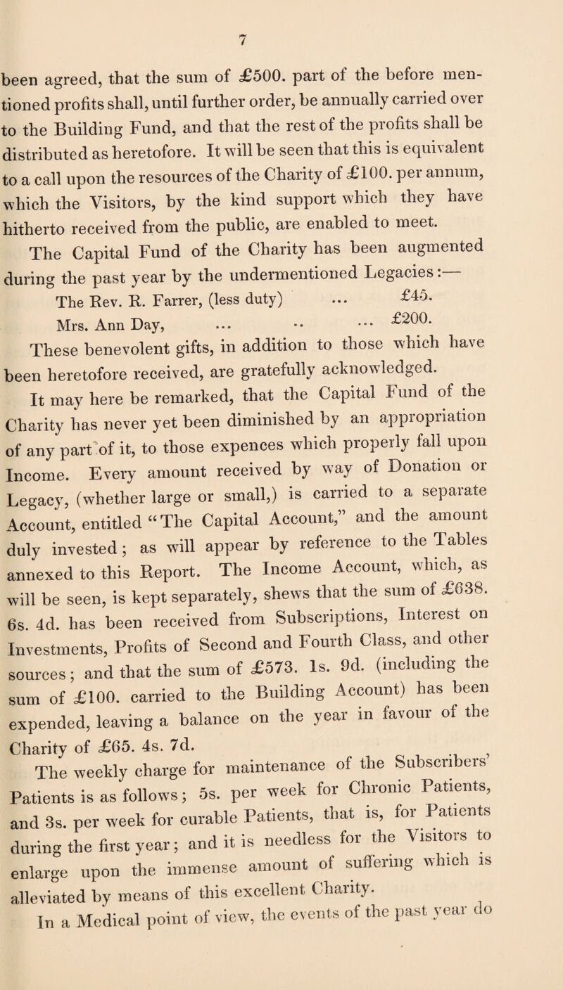 been agreed, that the sum of £500. part of the before men¬ tioned profits shall, until further order, be annually canied o\er to the Building Fund, and that the rest of the profits shall be distributed as heretofore. It will be seen that this is equivalent to a call upon the resources of the Charity of £100. per annum, which the Visitors, by the kind support which they have hitherto received from the public, are enabled to meet. The Capital Fund of the Charity has been augmented during the past year by the undermentioned Legacies:— The Rev. R. Farrer, (less duty) ... £45. Mrs. Ann Day, ... •• •** £200. These benevolent gifts, in addition to those which have been heretofore received, are gratefully acknowledged. It may here be remarked, that the Capital Fund of the Charity has never yet been diminished by an appropriation of any part'of it, to those expences which properly fall upon Income. Every amount received by way of Donation or Legacy, (whether large or small,) is carried to a separate Account, entitled “The Capital Account” and the amount duly invested; as will appear by reference to the Tables annexed to this Report. The Income Account, which, as will be seen, is kept separately, shews that the sum of £638. 6s. 4d. has been received from Subscriptions, Interest on Investments, Profits of Second and Fourth Class, and other sources; and that the sum of £573. Is. 9d. (including the sum of £100. carried to the Building Account) has been expended, leaving a balance on the year m favour of the Charity of £65. 4s. 7d. The weekly charge for maintenance of the Subscribers Patients is as follows; 5s. per week for Chronic Patients, and 3s. per week for curable Patients, that is, for Patients during the first year; and it is needless for the Visitors to enlarge upon the immense amount of suffering which is alleviated by means of this excellent Charity. In a Medical point of view, the events of the past year do