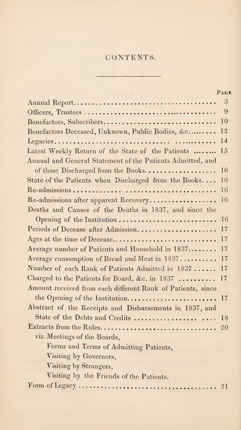 CONTENTS. Page Annual Report.... • 3 Officers, Trustees. 9 Benefactors, Subscribers... 10 Benefactors Deceased, Unknown, Public Bodies, &c. 12 Legacies. 14 Latest Weekly Return of the State of the Patients . 15 Annual and General Statement of the Patients Admitted, and of those Discharged from the Books. 16 State of the Patients when Discharged from the Books. ... 16 Re-admissions. 16 Re-admissions after apparent Recovery. 16 Deaths and Causes of the Deaths in 1837, and since the Opening of the Institution. 16 Periods of Decease after Admission. 17 Ages at the time of Decease... 17 Average number of Patients and Household in 1837. 17 Average consumption of Bread and Meat in 1837. .. 17 Number of each Rank of Patients Admitted in 1837 . 17 Charged to the Patients for Board, &c. in 1837 . 17 Amount received from each different Rank of Patients, since the Opening of the Institution. 17 Abstract of the Receipts and Disbursements in 1837, and State of the Debts and Credits. 18 Extracts from the Rules. 20 viz. Meetings of the Boards, Forms and Terms of Admitting Patients, Visiting by Governors, Visiting by Strangers, Visiting by the Friends of the Patients. Form of Legacy 21