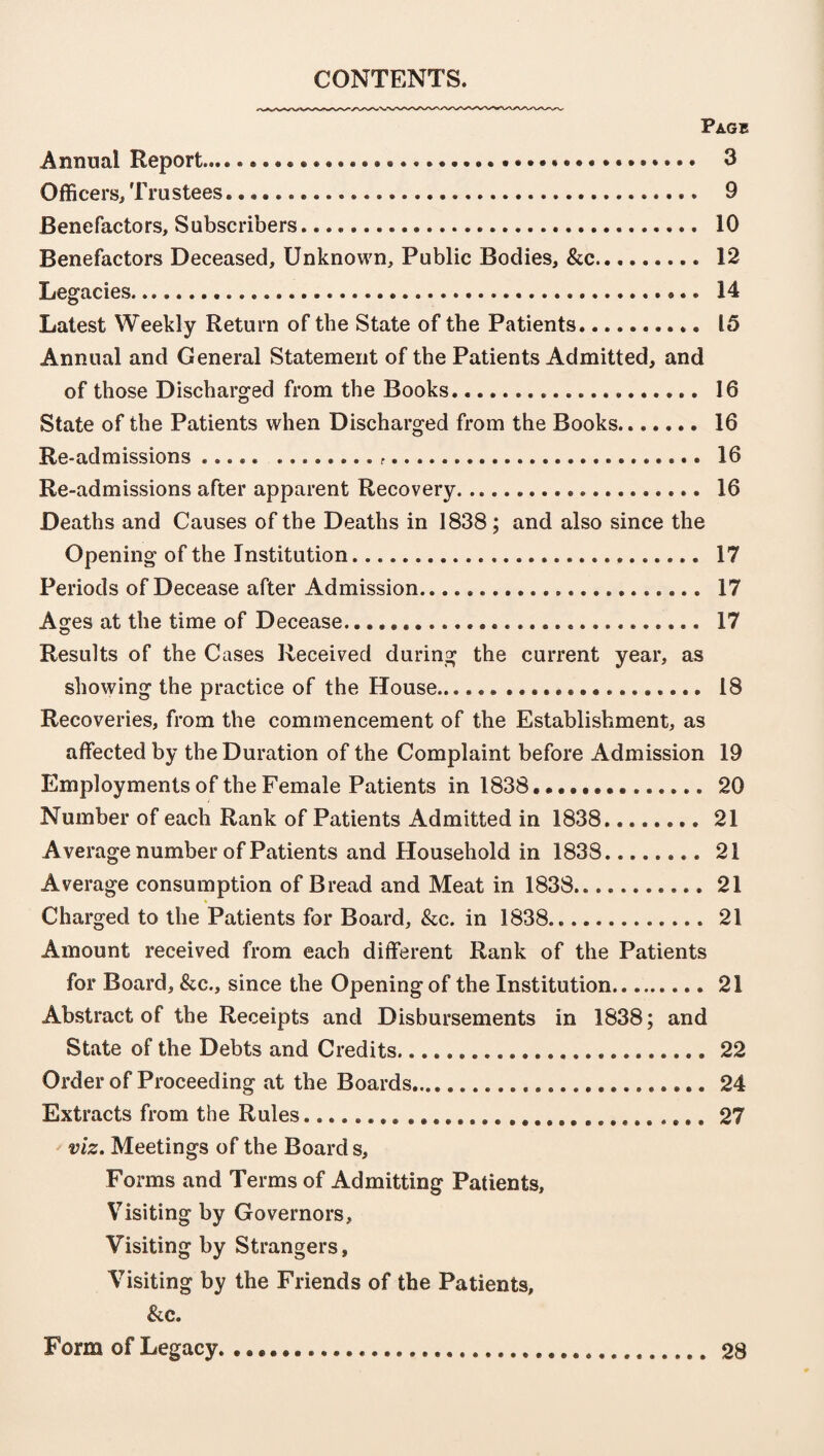 CONTENTS. Page Annual Report.... 3 Officers* Trustees... 9 Benefactors, Subscribers... 10 Benefactors Deceased, Unknown, Public Bodies, &c. 12 Legacies... 14 Latest Weekly Return of the State of the Patients. 15 Annual and General Statement of the Patients Admitted, and of those Discharged from the Books... 16 State of the Patients when Discharged from the Books. 16 Re-admissions ..... ... ... 16 Re-admissions after apparent Recovery. 16 Deaths and Causes of the Deaths in 1838; and also since the Opening of the Institution.. 17 Periods of Decease after Admission...... 17 Ages at the time of Decease..... 17 Results of the Cases Received during the current year, as showing the practice of the House.... 18 Recoveries, from the commencement of the Establishment, as affected by the Duration of the Complaint before Admission 19 Employments of the Female Patients in 1838. 20 Number of each Rank of Patients Admitted in 1838. 21 Average number of Patients and Household in 1838. . 21 Average consumption of Bread and Meat in 1838. 21 Charged to the Patients for Board, &c. in 1838.. 21 Amount received from each different Rank of the Patients for Board, &c., since the Opening of the Institution. 21 Abstract of the Receipts and Disbursements in 1838; and State of the Debts and Credits. 22 Order of Proceeding at the Boards......24 Extracts from the Rules........ ... 27 viz. Meetings of the Board s. Forms and Terms of Admitting Patients, Visiting by Governors, Visiting by Strangers, Visiting by the Friends of the Patients, &c. Form of Legacy, 28