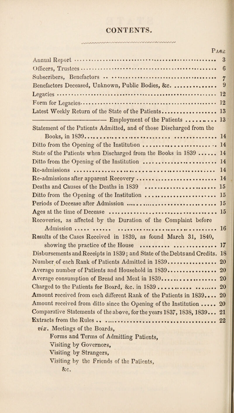 CONTENTS. PAG£ Annual Report... Officers, Trustees..... Subscribers, Benefactors ... Benefactors Deceased, Unknown, Public Bodies, &c... Legacies... Form for Legacies. Latest Weekly Return of the State of the Patients. •--Employment of the Patients.. Statement of the Patients Admitted, and of those Discharged from the Books, in 1839..... Ditto from the Opening of the Institution... State of the Patients when Discharged from the Books in 1839 . Ditto from the Opening of the Institution . Re-admissions ..... Re-admissions after apparent Recovery. Deaths and Causes of the Deaths in 1839 . Ditto from the Opening of the Institution.... Periods of Decease after Admission.. Ages at the time of Decease . Recoveries, as affected by the Duration of the Complaint before Admission .. Results of the Cases Received in 1839, as found March 31, 1840, showing the practice of the House . Disbursements and Receipts in 1839; and State of the Debts and Credits. Number of each Rank of Patients Admitted in 1839... Average number of Patients and Household in 1839. Average consumption of Bread and Meat in 1839. Charged to the Patients for Board, &c. in 1839 . Amount received from each different Rank of the Patients in 1839.... Amount received from ditto since the Opening of the Institution. Comparative Statements of the above, for the years 1837, 1838, 1839... Extracts from the Rules .. ... viz. Meetings of the Boards, Forms and Terms of Admitting Patients, Visiting by Governors, Visiting by Strangers, Visiting by the Friends of the Patients, 3 6 7 9 12 12 13 13 14 14 14 14 14 14 15 15 15 15 16 17 18 20 20 20 20 20 20 21 22 fee.