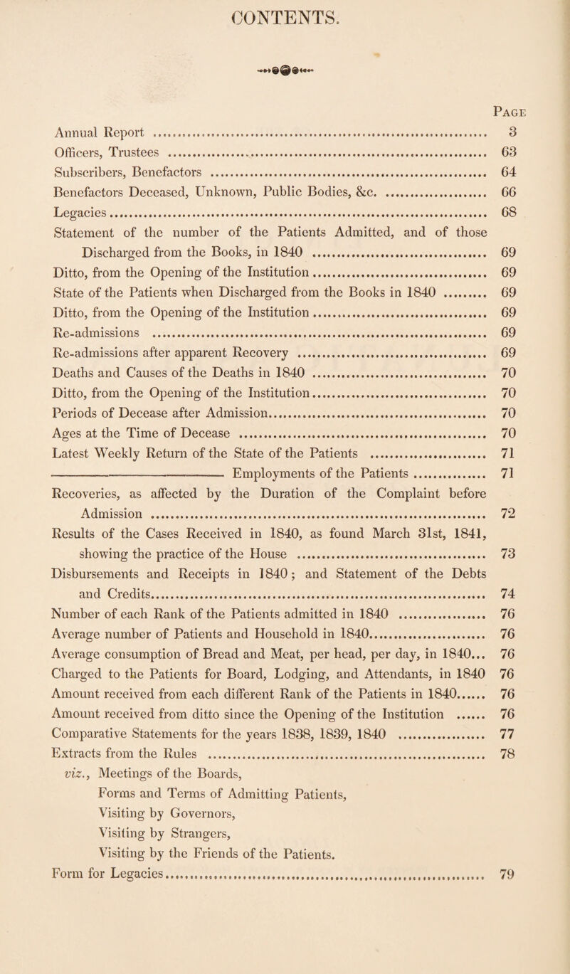 CONTENTS. Page Annual Report . 3 Officers, Trustees . 63 Subscribers, Benefactors . 64 Benefactors Deceased, Unknown, Public Bodies, &c. . 66 Legacies. 68 Statement of the number of the Patients Admitted, and of those Discharged from the Books, in 1840 . 69 Ditto, from the Opening of the Institution... 69 State of the Patients when Discharged from the Books in 1840 . 69 Ditto, from the Opening of the Institution. 69 Re-admissions . 69 Re-admissions after apparent Recovery . 69 Deaths and Causes of the Deaths in 1840 . 70 Ditto, from the Opening of the Institution. 70 Periods of Decease after Admission... 70 Ages at the Time of Decease . 70 Latest Weekly Return of the State of the Patients . 71 --— ---- Employments of the Patients. 71 Recoveries, as affected by the Duration of the Complaint before Admission . 72 Results of the Cases Received in 1840, as found March 31st, 1841, showing the practice of the House . 73 Disbursements and Receipts in 1840; and Statement of the Debts and Credits. 74 Number of each Rank of the Patients admitted in 1840 . 76 Average number of Patients and Household in 1840. 76 Average consumption of Bread and Meat, per head, per day, in 1840... 76 Charged to the Patients for Board, Lodging, and Attendants, in 1840 76 Amount received from each different Rank of the Patients in 1840. 76 Amount received from ditto since the Opening of the Institution . 76 Comparative Statements for the years 1838, 1839, 1840 . 77 Extracts from the Rules . 78 viz., Meetings of the Boards, Forms and Terms of Admitting Patients, Visiting by Governors, Visiting by Strangers, Visiting by the Friends of the Patients. Form for Legacies 79