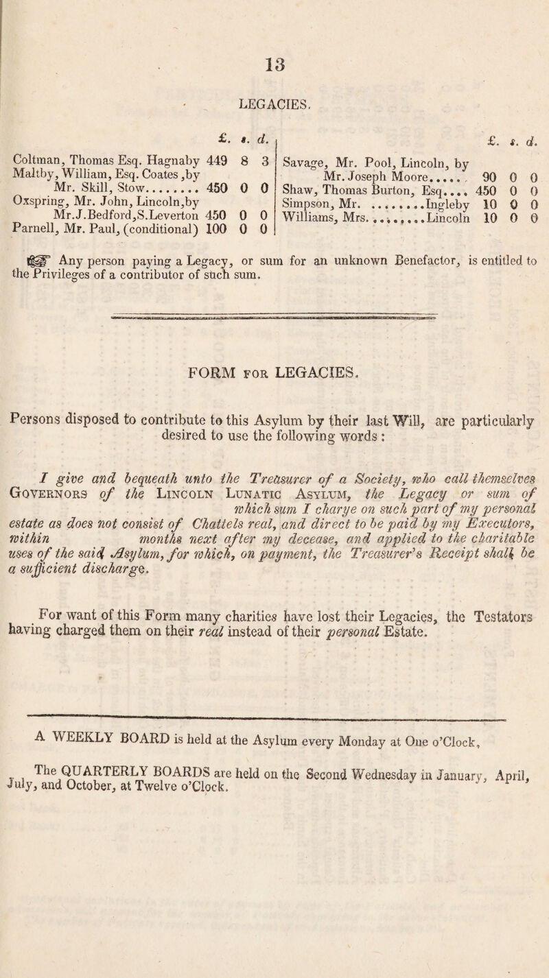 18 LEGACIES, £. ». cl. Coltman, Thomas Esq. Hagnaby 449 8 3 Maltby, William, Esq. Coates ,by Mr. Skill, Stow........ 450 0 0 Oxspring, Mr. John, Lincoln,by Mr.J.Bedford,S.Leverton 450 0 0 Parnell, Mr. Paul, (conditional) 100 0 0 Any person paying a Legacy, or si the Privileges of a contributor of shch sum. £. s. d. Savage, Mr. Pool, Lincoln, by Mr. Joseph Moore.. 90 0 0 Shaw, Thomas Burton, Esq.... 450 0 0 Simpson, Mr. ..Ingleby 10 0 0 Williams, Mrs. ........ Lincoln 10 0 0 for an unknown Benefactor, is entitled to FORM for LEGACIES. Persons disposed to contribute to this Asylum by their last Will, are particularly desired to use the following words : I give and bequeath unto the Treasurer of a Society, mho call themselves Governors of the Lincoln Lunatic Asylum, the Legacy or sum of which sum I charge on such part of my personal estate as does not consist of Chattels real, and direct to be paid by my Executors, within months next after my decease, and applied to the charitable uses of the said Jlsylurn, for which, on payment, the Treasurer's Receipt shall; be a sufficient discharge. For want of this Form many charities have lost their Legacies, the Testators having charged them on their real instead of their personal Estate. A MEEKLY BOARD is held at the Asylum every Monday at One o’Clock, The QUARTERLY BOARDS are held on the Second Wednesday in January, April, July, and October, at Twelve o’Clock. L