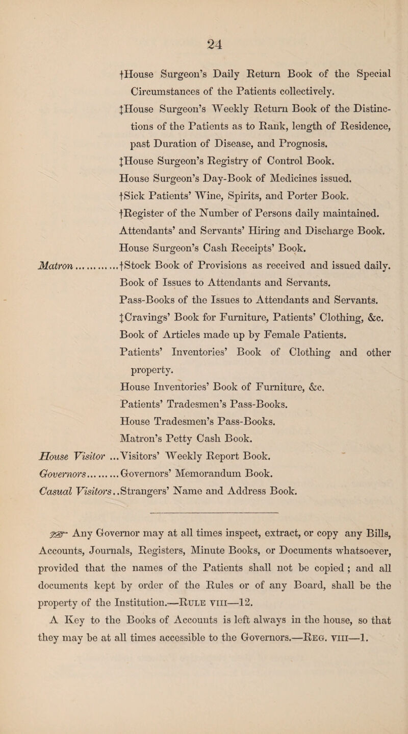 {House Surgeon’s Daily Return Book of the Special Circumstances of the Patients collectively. {House Surgeon’s Weekly Return Book of the Distinc¬ tions of the Patients as to Rank, length of Residence, past Duration of Disease, and Prognosis. {House Surgeon’s Registry of Control Book. House Surgeon’s Day-Book of Medicines issued. {Sick Patients’ Wine, Spirits, and Porter Book. {Register of the Number of Persons daily maintained. Attendants’ and Servants’ Hiring and Discharge Book. House Surgeon’s Cash Receipts’ Book. Matron.{Stock Book of Provisions as received and issued daily. Book of Issues to Attendants and Servants. Pass-Books of the Issues to Attendants and Servants. {Cravings’ Book for Furniture, Patients’ Clothing, &c. Book of Articles made up by Female Patients. Patients’ Inventories’ Book of Clothing and other property. House Inventories’ Book of Furniture, &c. Patients’ Tradesmen’s Pass-Books. House Tradesmen’s Pass-Books. Matron’s Petty Cash Book. House Visitor ...Visitors’ Weekly Report Book. Governors.Governors’ Memorandum Book. Casual Visitors.. Strangers’ Name and Address Book. Any Governor may at all times inspect, extract, or copy any Bills, Accounts, Journals, Registers, Minute Books, or Documents whatsoever, provided that the names of the Patients shall not be copied ; and all documents kept by order of the Rules or of any Board, shall be the property of the Institution.—Rule viii—12. A Key to the Books of Accounts is left always in the house, so that they may he at all times accessible to the Governors.—Reg. viii—1.