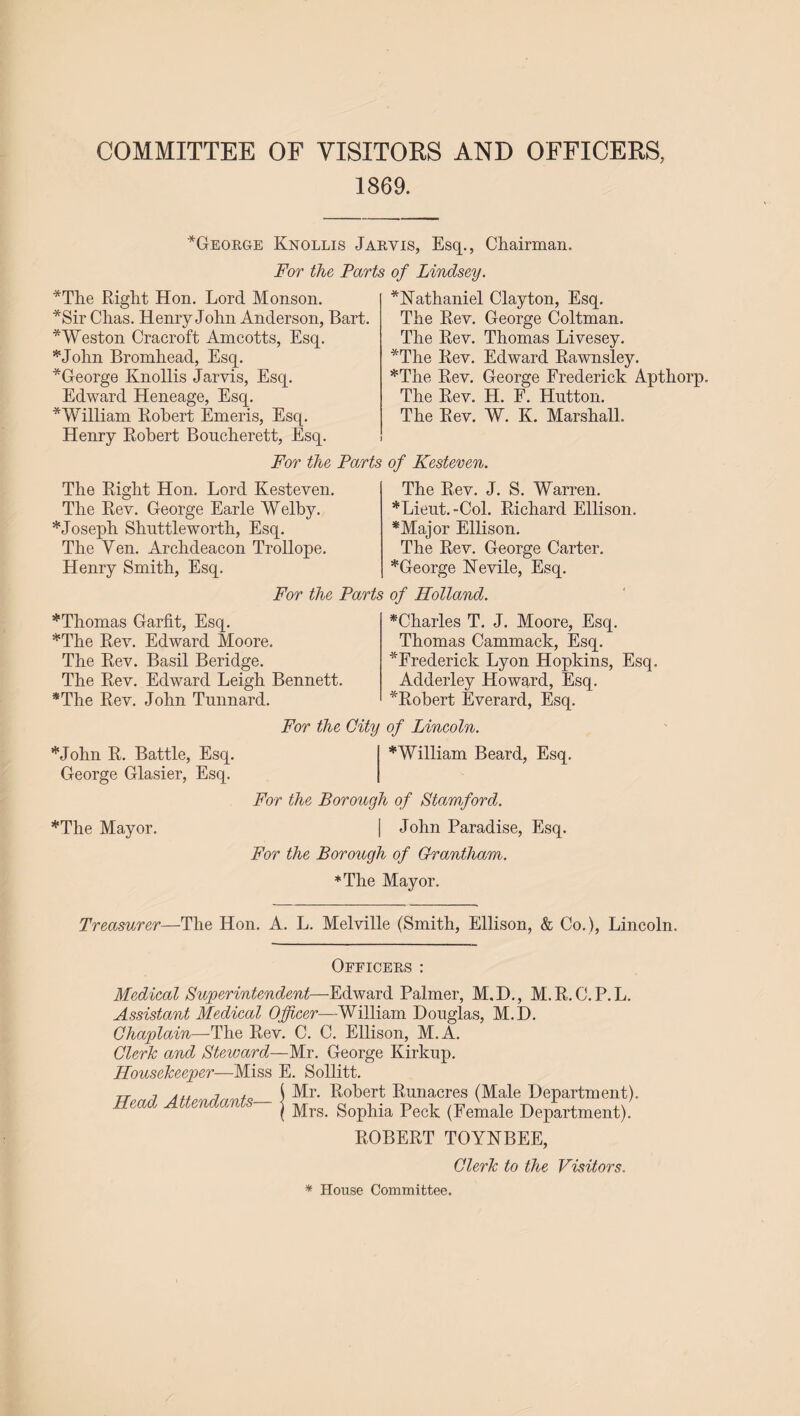 COMMITTEE OF VISITORS AND OFFICERS, 1869. *George Knollis Jaryis, Esq., Chairman. For the Parts of Lindsey. *The Right Hon. Lord Monson. *Sir Chas. Henry John Anderson, Bart * Weston Cracroft Amcotts, Esq. *John Bromhead, Esq. *George Knollis Jarvis, Esq. Edward Heneage, Esq. * William Robert Emeris, Esq. Henry Robert Boucherett, Esq. For the Parts of Kesteven. ^Nathaniel Clayton, Esq. The Rev. George Coltman. The Rev. Thomas Livesey. *The Rev. Edward Rawnsley. *The Rev. George Frederick Apthorp. The Rev. H. F. Hutton. The Rev. W. K. Marshall. The Right Hon. Lord Kesteven. The Rev. George Earle Welby. * Joseph Shuttleworth, Esq. The Yen. Archdeacon Trollope. Henry Smith, Esq. The Rev. J. S. Warren. * Lieut.-Col. Richard Ellison. *Major Ellison. The Rev. George Carter. *George Nevile, Esq. * Thomas Garfit, Esq. *The Rev. Edward Moore. The Rev. Basil Beridge. The Rev. Edward Leigh Bennett *The Rev. John Tunnard. *John R. Battle, Esq. George Glasier, Esq. *The Mayor. For the Parts of Holland. *Charles T. J. Moore, Esq. Thomas Cammack, Esq. ^Frederick Lyon Hopkins, Esq. Adderley Howard, Esq. ^Robert Everard, Esq. For the City of Lincoln. *William Beard, Esq. For the Borough of Stamford. | John Paradise, Esq. For the Borough of Grantham. ♦The Mayor. Treasurer—The Hon. A. L. Melville (Smith, Ellison, & Co.), Lincoln. Officers : Medical Superintendent—Edward Palmer, M.D., M.R.C.P.L. Assistant Medical Officer—William Douglas, M.D. Chaplain—The Rev. C. C. Ellison, M.A. Clerk and Steward—Mr. George Kirkup. Housekeeper—Miss E. Sollitt. Mr. Robert Runacres (Male Department). Mrs. Sophia Peck (Female Department). ROBERT TOYNBEE, Clerk to the Visitors. Head Attendants- * House Committee.