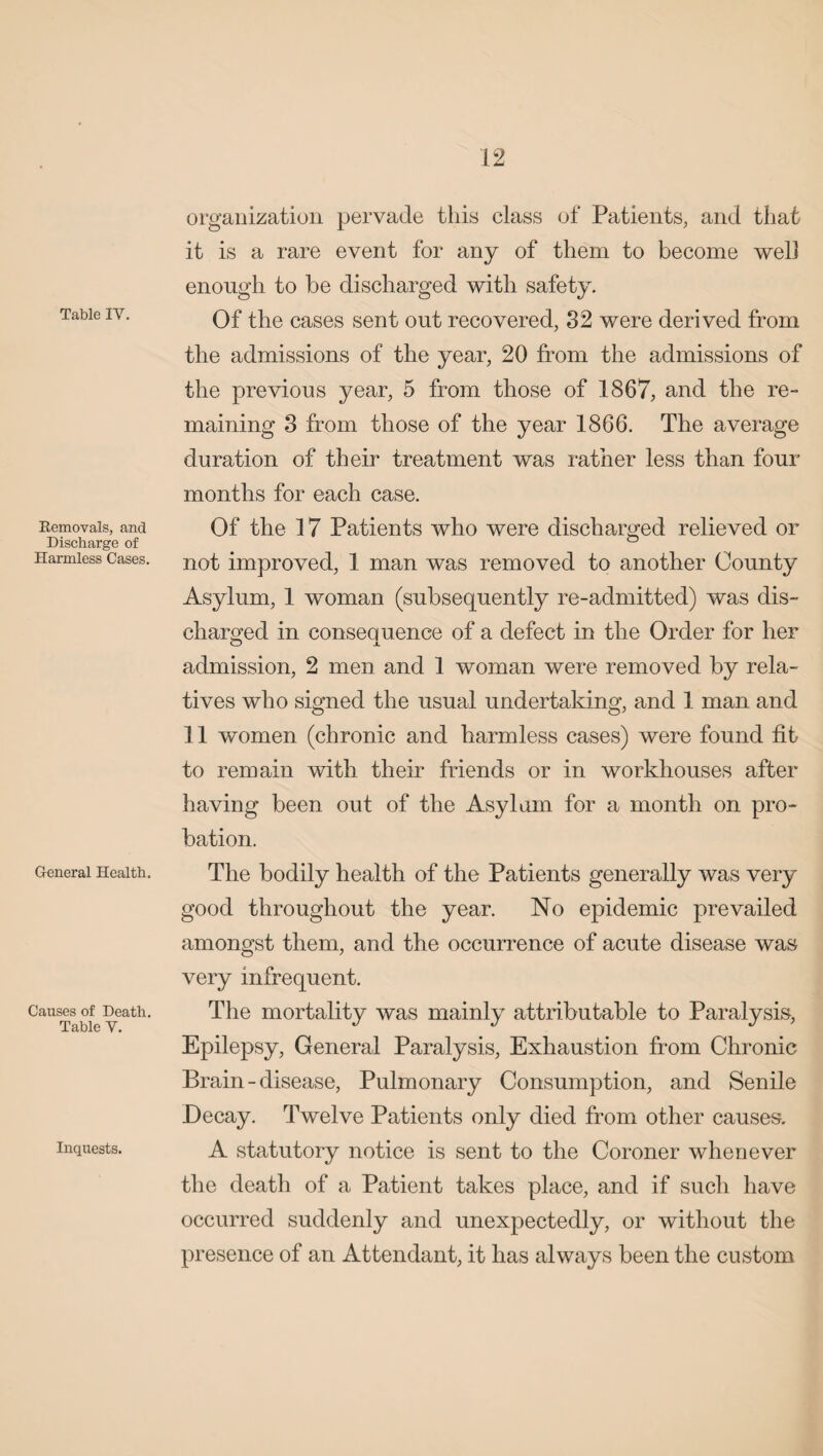 Table IV. Removals, and Discharge of Harmless Cases. General Health. Causes of Death. Table Y. Inquests. organization pervade this class of Patients, and that it is a rare event for any of them to become well enough to be discharged with safety. Of the cases sent out recovered, 32 were derived from the admissions of the year, 20 from the admissions of the previous year, 5 from those of 1867, and the re¬ maining 3 from those of the year 1866. The average duration of their treatment was rather less than four months for each case. Of the 17 Patients who were discharged relieved or not improved, 1 man was removed to another County Asylum, 1 woman (subsequently re-admitted) was dis¬ charged in conseauence of a defect in the Order for her admission, 2 men and 1 woman were removed by rela¬ tives who signed the usual undertaking, and 1 man and 11 women (chronic and harmless cases) were found fit to remain with their friends or in workhouses after having been out of the Asylum for a month on pro¬ bation. The bodily health of the Patients generally was very good throughout the year. No epidemic prevailed amongst them, and the occurrence of acute disease was very infrequent. The mortality was mainly attributable to Paralysis, Epilepsy, General Paralysis, Exhaustion from Chronic Brain - disease, Pulmonary Consumption, and Senile Decay. Twelve Patients only died from other causes. A statutory notice is sent to the Coroner whenever the death of a Patient takes place, and if such have occurred suddenly and unexpectedly, or without the presence of an Attendant, it has always been the custom