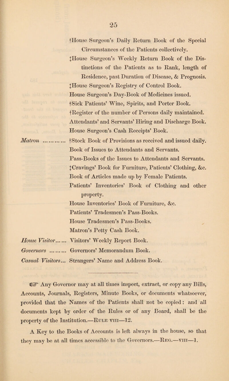 fHouse Surgeon’s Daily Return Book of the Special Circumstances of the Patients collectively. jHouse Surgeon’s Weekly Return Book of the Dis¬ tinctions of the Patients as to Rank, length of Residence, past Duration of Disease, & Prognosis. JHouse Surgeon’s Registry of Control Book. House Surgeon’s Day-Book of Medicines issued. fSick Patients’ Wine, Spirits, and Porter Book, fRegister of the number of Persons daily maintained. Attendants’ and Servants’ Hiring and Discharge Book. House Surgeon’s Cash Receipts’ Book. Matron . f Stock Book of Provisions as received and issued daily. Book of Issues to Attendants and Servants. Pass-Books of the Issues to Attendants and Servants. XCravings’ Book for Furniture, Patients’ Clothing, &c. Book of Articles made up by Female Patients. Patients’ Inventories’ Book of Clothing and other property. House Inventories’ Book of Furniture, &c. Patients’ Tradesmen’s Pass-Books. House Tradesmen’s Pass-Books. Matron’s Petty Cash Book. House Visitor. Visitors’ Weekly Report Book. Governors . Governors’ Memorandum Book. Casual Visitors... Strangers’ Name and Address Book. CST Any Governor may at all times inspect, extract, or copy any Bills, Accounts, Journals, Registers, Minute Books, or documents whatsoever, provided that the Names of the Patients shall not be copied: and all documents kept by order of the Rules or of any Board, shall be the property of the Institution.—Rule yiii—12. A Key to the Books of Accounts is left always in the house, so that they may be at all times accessible to the Governors.—Reg.—viii—1.