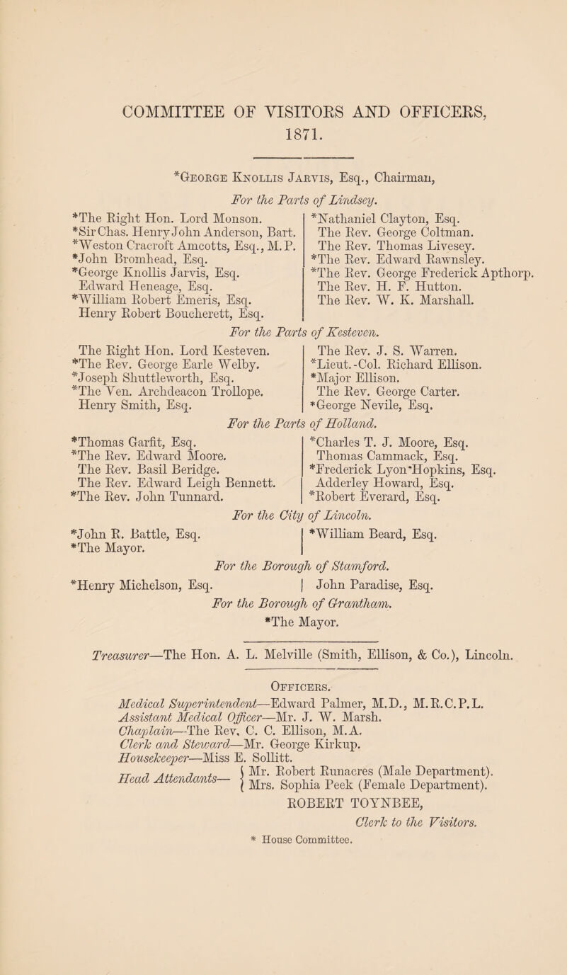 COMMITTEE OE VISITORS AND OFFICERS, 1871. * George Knollis Jarvis, Esq., Chairman, For the Parts of Lindsey. *The Right Hon. Lord Monson. *SirChas. Henry John Anderson, Bart. *Weston Cracroft Amcotts, Esq., M.P. *John Bromhead, Esq. ’’'George Knollis Jarvis, Esq. Edward Heneage, Esq. * William Robert Emeris, Esq. Henry Robert Boucherett, Esq. For The Right Hon. Lord Kesteven. *The Rev. George Earle Webby. * Joseph Shuttleworth, Esq. *The Yen. Archdeacon Trollope. Henry Smith, Esq. * Thomas Garfit, Esq. *The Rev. Edward Moore. The Rev. Basil Beridge. The Rev. Edward Leigh Bennett. *The Rev. John Tunnard. ^Nathaniel Clayton, Esq. The Rev. George Coltman. The Rev. Thomas Livesey. ’’'The Rev. Edward Rawnsley. *The Rev. George Frederick Apthorp. The Rev. H. E. Hutton. The Rev. W. K. Marshall. The Rev. J. S. Warren. *Lieut.-Col. Richard Ellison. *Major Ellison. The Rev. George Carter. * George Nevile, Esq. ^Charles T. J. Moore, Esq. Thomas Cammack, Esq. ’’'Frederick Lyon'Hopkins, Esq. Adderley Howard, Esq. ^Robert Everard, Esq. For the Farts of Kesteven. For the Parts of Holland. For the City of Lincoln. ’’'John R. Battle, Esq. *The Mayor. * William Beard, Esq. For the Borough of Stamford. *Henry Michelson, Esq. | John Paradise, Esq. For the Borough of Grantham. *The Mayor. Treasurer—The Hon. A. L. Melville (Smith, Ellison, & Co.), Lincoln. Officers. Medical Superintendent—Edward Palmer, M.B., Assistant Medical Officer—Mr. J. W. Marsh. Chaplain—The Rev, C. C. Ellison, M.A. Clerk and Steward—Mr. George Kirknp. Housekeeper—Miss E. Sollitt. Head Attendants— M. R.C.P.L. Mr. Robert Runacres (Male Department). Mrs. Sophia Peek (Female Department). ROBERT TOYNBEE, Clerk to the Visitors. * House Committee.