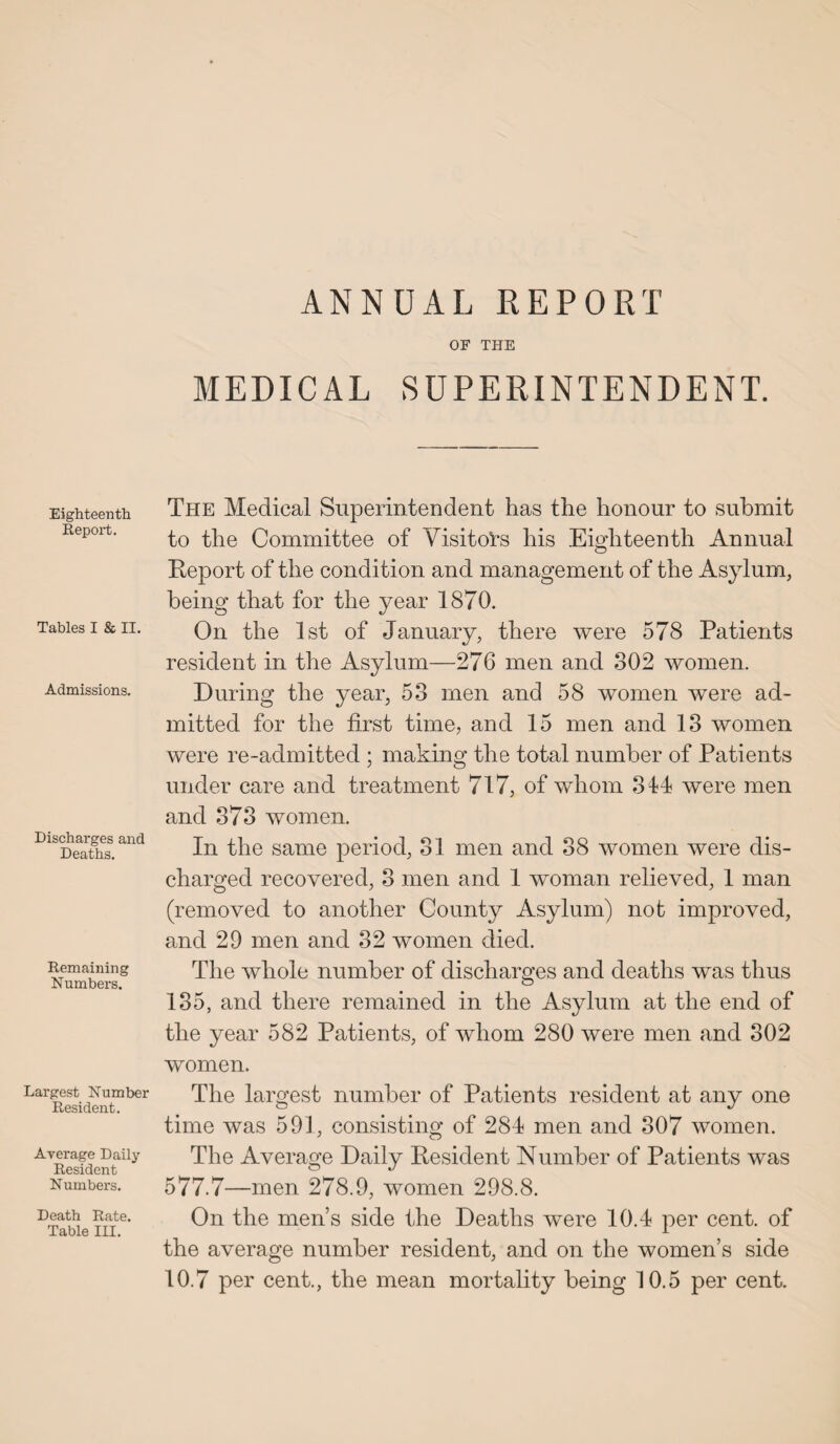 ANNUAL REPORT OF THE MEDICAL SUPERINTENDENT. Eighteenth Report. Tables I & II. Admissions. Discharges and Deaths. Remaining Numbers. Largest Number Resident. Average Daily- Resident Numbers. Death Rate. Table III. The Medical Superintendent has the honour to submit to the Committee of Visitors his Eighteenth Annual Report of the condition and management of the Asylum, being that for the year 1870. On the 1st of January, there were 578 Patients resident in the Asylum—276 men and 302 women. During the year, 53 men and 58 women were ad¬ mitted for the first time, and 15 men and 13 women were re-admitted ; making the total number of Patients under care and treatment 717, of whom 314 were men and 373 women. In the same period, 31 men and 38 women were dis¬ charged recovered, 3 men and 1 woman relieved, 1 man (removed to another County Asylum) not improved, and 29 men and 32 women died. The whole number of discharges and deaths was thus 135, and there remained in the Asylum at the end of the year 582 Patients, of whom 280 were men and 302 women. The largest number of Patients resident at any one time was 591, consisting of 284 men and 307 women. The Average Daily Resident Number of Patients was 577.7—men 278.9, women 298.8. On the men’s side the Deaths were 10.4 per cent, of the average number resident, and on the women’s side 10.7 per cent., the mean mortality being 10.5 per cent.