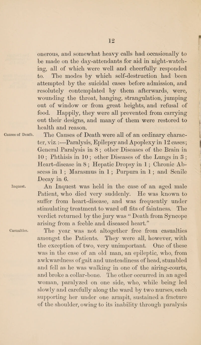 Causes of Death Inquest. Casualties. onerous, and somewhat heavy calls had occasionally to be made on the day-attendants for aid in night-watch¬ ing, all of which were well and cheerfully responded to. The modes by which self-destruction had been attempted by the suicidal cases before admission, and resolutely contemplated by them afterwards, were, wounding the throat, hanging, strangulation, jumping out of window or from great heights, and refusal of food. Happily, they were all prevented from carrying out their designs, and many of them were restored to health and reason. The Causes of Heath were all of an ordinary charac¬ ter, viz.:—Paralysis, Epilepsy and Apoplexy in 12 cases; General Paralysis in 8 ; other Diseases of the Brain in 10 ; Phthisis in 10 ; other Diseases of the Lungs in 3 ; Heart-disease in 8 ; Hepatic Dropsy in 1 ; Chronic Ab¬ scess in 1 ; Marasmus in 1 ; Purpura in 1 ; and Senile Decay in 6. An Inquest was held in the case of an aged male Patient, who died very suddenly. He was known to suffer from heart-disease, and was frequently under stimulating treatment to ward off fits of faintness. The verdict returned by the jury was “ Death from Syncope arising from a feeble and diseased heart/’ The year was not altogether free from casualties amongst the Patients. They were all, however, with the exception of two, very unimportant. One of these was in the case of an old man, an epileptic, who, from awkwardness of gait and unsteadiness of head, stumbled and fell as he was walking in one of the airing-courts, and broke a collar-bone. The other occurred in an aged woman, paralyzed on one side, who, while being led slowly and carefully along the ward by two nurses, each supporting her under one armpit, sustained a fracture of the shoulder, owing to its inability through paralysis
