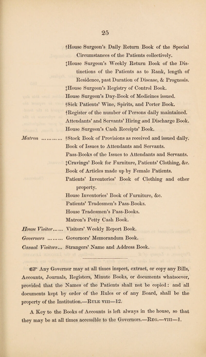 [House Surgeon’s Daily Return Book of the Special Circumstances of the Patients collectively. [House Surgeon’s Weekly Return Book of the Dis¬ tinctions of the Patients as to Rank, length of Residence, past Duration of Disease, & Prognosis. [House Surgeon’s Registry of Control Book. House Surgeon’s Day-Book of Medicines issued. fSick Patients’ Wine, Spirits, and Porter Book. ■[Register of the number of Persons daily maintained. Attendants’ and Servants’ Hiring and Discharge Book. House Surgeon’s Cash Receipts’ Book. Matron .. [Stock Book of Provisions as received and issued daily. Book of Issues to Attendants and Servants. Pass-Books of the Issues to Attendants and Servants. [Cravings’ Book for Furniture, Patients’ Clothing, &c. Book of Articles made up by Female Patients. Patients’ Inventories’ Book of Clothing and other property. House Inventories’ Book of Furniture, &c. Patients’ Tradesmen’s Pass-Books. House Tradesmen’s Pass-Books. Matron’s Petty Cash Book. House Visitor. Visitors’ Weekly Report Book. Governors .. Governors’ Memorandum Book. Casual Visitors... Strangers’ Name and Address Book. Any Governor may at all times inspect, extract, or copy any Bills, Accounts, Journals, Registers, Minute Books, or documents whatsoever, provided that the Names of the Patients shall not be copied: and all documents kept by order of the Rules or of any Board, shall be the property of the Institution.—Rule viii—12. A Key to the Books of Accounts is left always in the house, so that they may be at all times accessible to the Governors.—Reg.—viii—1.