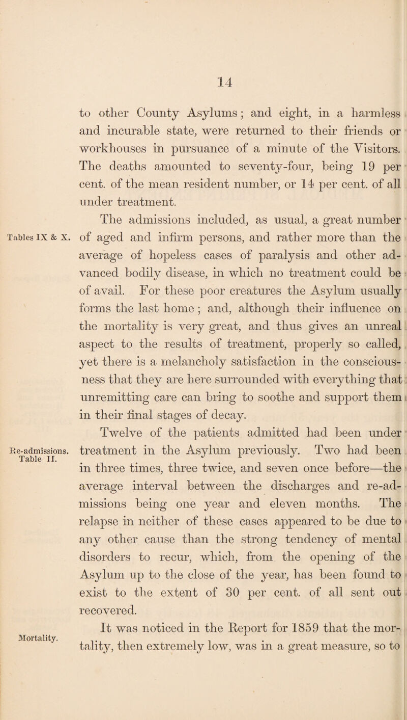 to other County Asylums; and eight, in a harmless and incurable state, were returned to their friends or workhouses in pursuance of a minute of the Visitors. The deaths amounted to seventy-four, being 19 per cent, of the mean resident number, or 14 per cent, of all under treatment. The admissions included, as usual, a great number Tables ix & x. of aged and infirm persons, and rather more than the average of hopeless cases of paralysis and other ad¬ vanced bodily disease, in which no treatment could be of avail. For these poor creatures the Asylum usually forms the last home ; and, although their influence on the mortality is very great, and thus gives an unreal aspect to the results of treatment, properly so called, yet there is a melancholy satisfaction in the conscious¬ ness that they are here surrounded with everything that unremitting care can bring to soothe and support them in their final stages of decay. Twelve of the patients admitted had been under Re-admissions, treatment in the Asylum previously. Two had been Table II. . . in three times, three twice, and seven once before—the average interval between the discharges and re-ad¬ missions being one year and eleven months. The relapse in neither of these cases appeared to be due to any other cause than the strong tendency of mental disorders to recur, which, from the opening of the Asylum up to the close of the year, has been found to exist to the extent of SO per cent, of all sent out recovered. It was noticed in the Report for 1859 that the mor¬ tality, then extremely low, was in a great measure, so to Mortality.