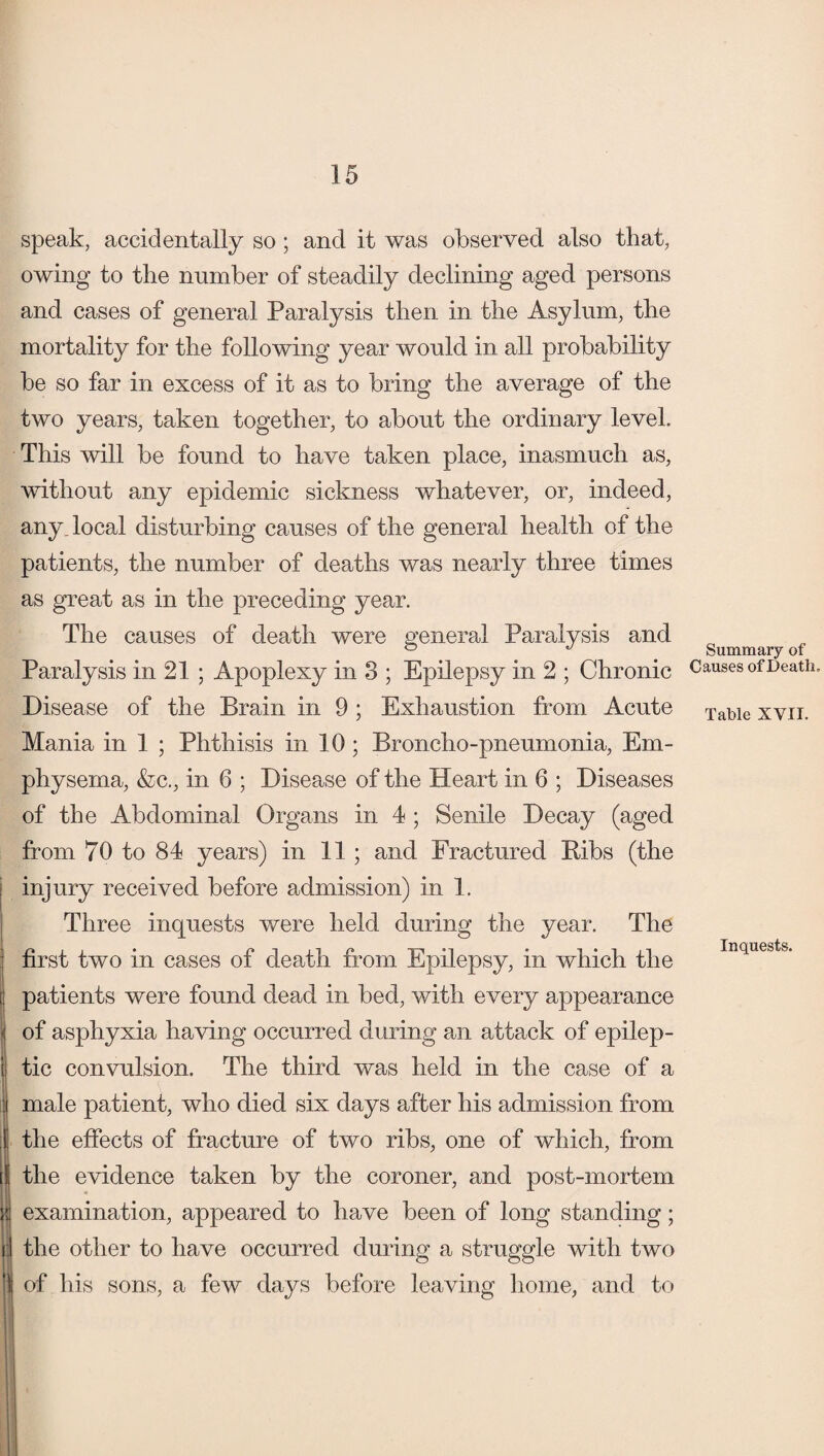 speak, accidentally so; and it was observed also that, owing to the number of steadily declining aged persons and cases of general Paralysis then in the Asylum, the mortality for the following year would in all probability be so far in excess of it as to bring the average of the two years, taken together, to about the ordinary level This will be found to have taken place, inasmuch as, without any epidemic sickness whatever, or, indeed, any, local disturbing causes of the general health of the patients, the number of deaths was nearly three times as great as in the preceding year. The causes of death were general Paralysis and Paralysis in 21 ; Apoplexy in 3 ; Epilepsy in 2 ; Chronic Disease of the Brain in 9 ; Exhaustion from Acute Mania in 1 ; Phthisis in 10 ; Broncho-pneumonia, Em¬ physema, &c., in 6 ; Disease of the Heart in 6 ; Diseases of the Abdominal Organs in 4 ; Senile Decay (aged from 70 to 84 years) in 11 ; and Fractured Bibs (the injury received before admission) in 1. Three inquests were held during the year. The first two in cases of death from Epilepsy, in which the patients were found dead in bed, with every appearance of asphyxia having occurred during an attack of epilep¬ tic convulsion. The third was held in the case of a male patient, who died six days after his admission from Ithe effects of fracture of two ribs, one of which, from the evidence taken by the coroner, and post-mortem examination, appeared to have been of long standing; the other to have occurred during a struggle with two | of his sons, a few days before leaving home, and to Summary of Causes of Death, Table XVII. Inquests.