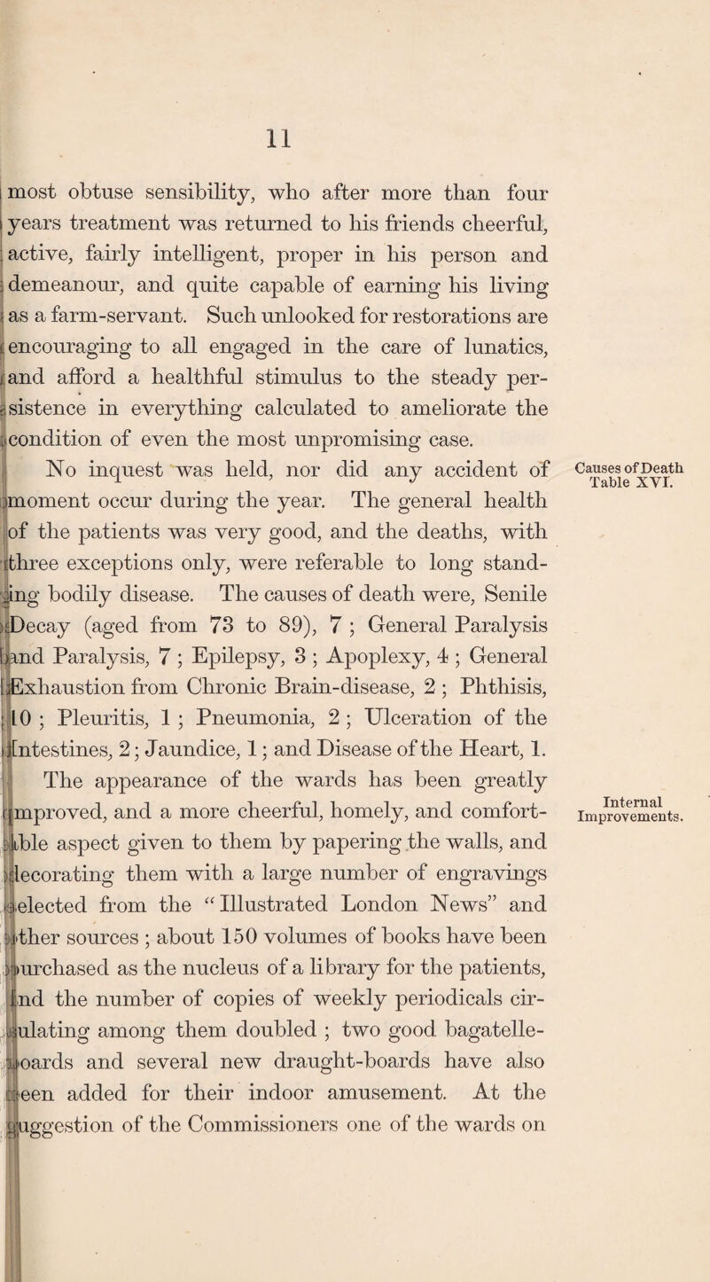 most obtuse sensibility, who after more than four years treatment was returned to his friends cheerful, active, fairly intelligent, proper in his person and J demeanour, and quite capable of earning his living 1 as a farm-servant. Such unlooked for restorations are i: encouraging to all engaged in the care of lunatics, j;and afford a healthful stimulus to the steady per¬ sistence in everything calculated to ameliorate the j condition of even the most unpromising case. No inquest was held, nor did any accident of moment occur during the year. The general health of the patients was very good, and the deaths, with [three exceptions only, were referable to long stand¬ ing bodily disease. The causes of death were, Senile ;tDecay (aged from 73 to 89), 7 ; General Paralysis land Paralysis, 7 ; Epilepsy, 3 ; Apoplexy, 4 ; General I Exhaustion from Chronic Brain-disease, 2 ; Phthisis, 10 ; Pleuritis, 1 ; Pneumonia, 2 ; Ulceration of the intestines, 2; Jaundice, 1; and Disease of the Heart, 1. The appearance of the wards has been greatly qmproved, and a more cheerful, homely, and comfort¬ able aspect given to them by papering the walls, and decorating them with a large number of engravings lej [elected from the “ Illustrated London News” and idher sources ; about 150 volumes of books have been purchased as the nucleus of a library for the patients, Jnd the number of copies of weekly periodicals cir¬ culating among them doubled ; two good bagatelle- boards and several new draught-boards have also een added for their indoor amusement. At the Suggestion of the Commissioners one of the wards on Causes of Death Table XVf. Internal Improvements.