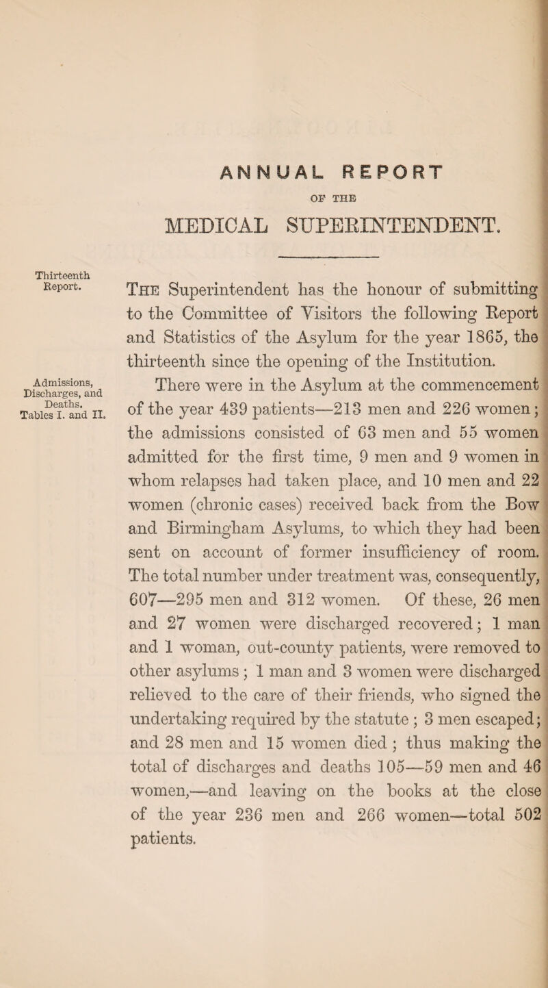 MEDICAL SUPERINTENDENT. Thirteenth Report. Admissions, Discharges, and Deaths. Tables I. and II. The Superintendent has the honour of submitting to the Committee of Visitors the following Report and Statistics of the Asylum for the year 1865, the thirteenth since the opening of the Institution. There were in the Asylum at the commencement of the year 439 patients—213 men and 226 women; the admissions consisted of 63 men and 55 women admitted for the first time, 9 men and 9 women in whom relapses had taken place, and 10 men and 22 women (chronic cases) received back from the Bow and Birmingham Asylums, to which they had been sent on account of former insufficiency of room. The total number under treatment was, consequently, 007—295 men and 312 women. Of these, 26 men and 27 women were discharged recovered; 1 man and 1 woman, out-county patients, were removed to other asylums ; 1 man and 3 women were discharged relieved to the care of their friends, who signed the undertaking required by the statute ; 3 men escaped; and 28 men and 15 women died ; thus making the total of discharges and deaths 105—59 men and 46 women,—and leaving on the books at the close of the year 236 men and 266 women—total 502 patients.