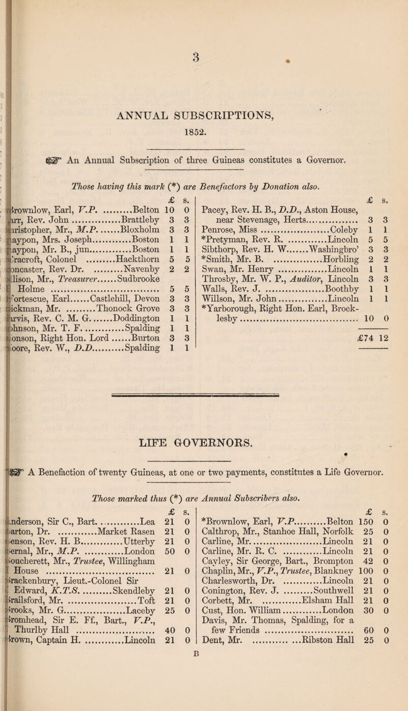 ' I 11 ANNUAL SUBSCRIPTIONS, 1852. An Annual Subscription of three Guineas constitutes a Governor. Those having this mark (*) £ >rownlow, Earl, V.P.Belton 10 irr, Rev. John.Brattleby 3 iristopher, Mr., M.P.Bloxholm 3 aypon, Mrs. Joseph.Boston 1 aypon, Mr. B., jun.Boston 1 hacroft, Colonel .Hackthorn 5 oncaster, Rev. Dr.Navenby 2 jilison, Mr., Treasurer.Sudbrooke Holme . 5 hrtescue, Earl.Castlekill, Devon 3 ickman, Mr.Thonock Grove 3 irvis, Rev. C. M. G.Doddington 1 >hnson, Mr. T. F...Spalding 1 onson, Right Hon. Lord.Burton 3 oore, Rev. W., D.D.....Spalding 1 are Benefactors by Donation also. s. 0 3 3 1 1 5 2 5 3 3 1 1 3 1 £ S. Pacey, Rev. H. B., D.D., Aston House, near Stevenage, Herts. 3 3 Penrose, Miss.Coleby 1 1 *Pretyman, Rev. R.Lincoln 5 5 Sibthorp, Rev. H. W.Washingbro’ 3 3 * Smith, Mr. B.Horbling 2 2 Swan, Mr. Henry .Lincoln 1 1 Throsby, Mr. W. P., Auditor, Lincoln 3 3 Walls, Rev. J.Boothby 1 1 Willson, Mr. John.Lincoln 1 1 * Yarborough, Right Hon. Earl, Brock- lesby. 10 0 £74 12 LIFE GOVERNORS. A Benefaction of twenty Guineas, at one or two payments, constitutes a Life Governor. Those marked thus (*) are Annual Subscribers also. £ 21 21 21 50 iaiderson, Sir C., Bart.Lea ■arton, Dr.Market Rasen ■enson, Rev. H. B.Utterby Vernal, Mr., M.P.London loucherett, Mr., Trustee, Willingham jf House . 21 krackenbury, Lieut.-Colonel Sir | Edward, K.T.S.Skendleby 21 ilrailsford, Mr.Toft 21 Jrooks, Mr. G.Laceby 25 ” iromhead, Sir E. Ff., Bart., UP., . Thurlby Hall .. 40 I hown, Captain H.Lincoln 21 s. 0 0 0 0 0 0 0 0 0 0 *Brownlow, Earl, V.P.Belton Calthrop, Mr., Stanhoe Hall, Norfolk Carline, Mr.Lincoln Carline, Mr. R. C.Lincoln Cayley, Sir George, Bart., Brompton Chaplin, Mr., V.P., Trustee, Blankney Charlesworth, Dr.Lincoln Conington, Rev. J.Southwell Corbett, Mr.Elsham Hall Cust, Hon. William.London Davis, Mr. Thomas, Spalding, for a few Friends . Dent, Mr.Ribston Hall £ s. 150 0 25 0 21 0 21 0 42 0 100 0 21 0 21 0 21 0 30 0 60 0 25 0 B