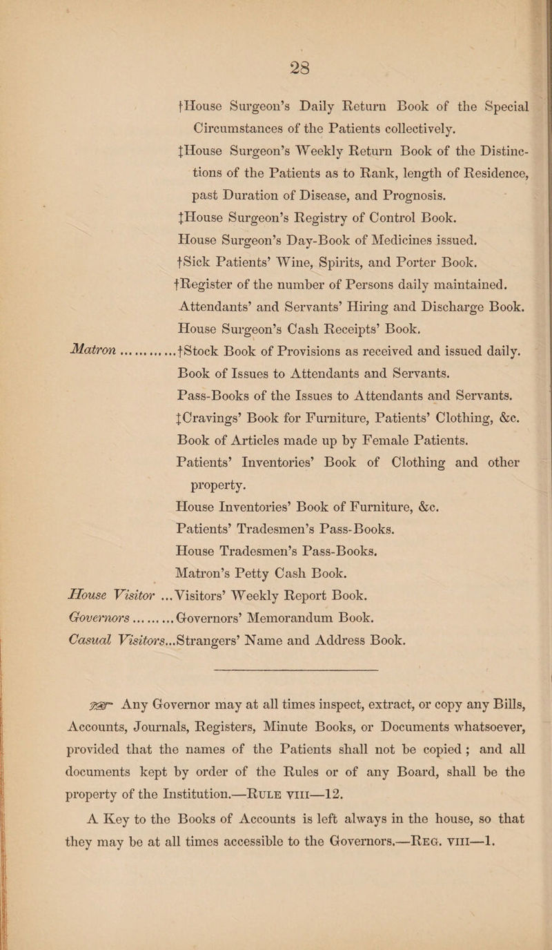 fHouse Surgeon’s Daily Return Book of the Special Circumstances of the Patients collectively. jHouse Surgeon’s Weekly Return Book of the Distinc¬ tions of the Patients as to Rank, length of Residence, past Duration of Disease, and Prognosis. JHouse Surgeon’s Registry of Control Book. Plouse Surgeon’s Day-Book of Medicines issued. fSick Patients’ Wine, Spirits, and Porter Book, f Register of the number of Persons daily maintained. Attendants’ and Servants’ Hiring and Discharge Book. House Surgeon’s Cash Receipts’ Book. Matron.f Stock Book of Provisions as received and issued daily. Book of Issues to Attendants and Servants. Pass-Books of the Issues to Attendants and Servants. I Cravings’ Book for Furniture, Patients’ Clothing, &c. Book of Articles made up by Female Patients. Patients’ Inventories’ Book of Clothing and other property. House Inventories’ Book of Furniture, &c. Patients’ Tradesmen’s Pass-Books. House Tradesmen’s Pass-Books. Matron’s Petty Cash Book. House Visitor ...Visitors’ Weekly Report Book. Governors.Governors’ Memorandum Book. Casual Visitors...Strangers’ Name and Address Book. Any Governor may at all times inspect, extract, or copy any Bills, Accounts, Journals, Registers, Minute Books, or Documents whatsoever, provided that the names of the Patients shall not be copied ; and all documents kept by order of the Rules or of any Board, shall be the property of the Institution.—Rule yiii—12. A Key to the Books of Accounts is left always in the house, so that they may be at all times accessible to the Governors.—Reg. yiii—1.