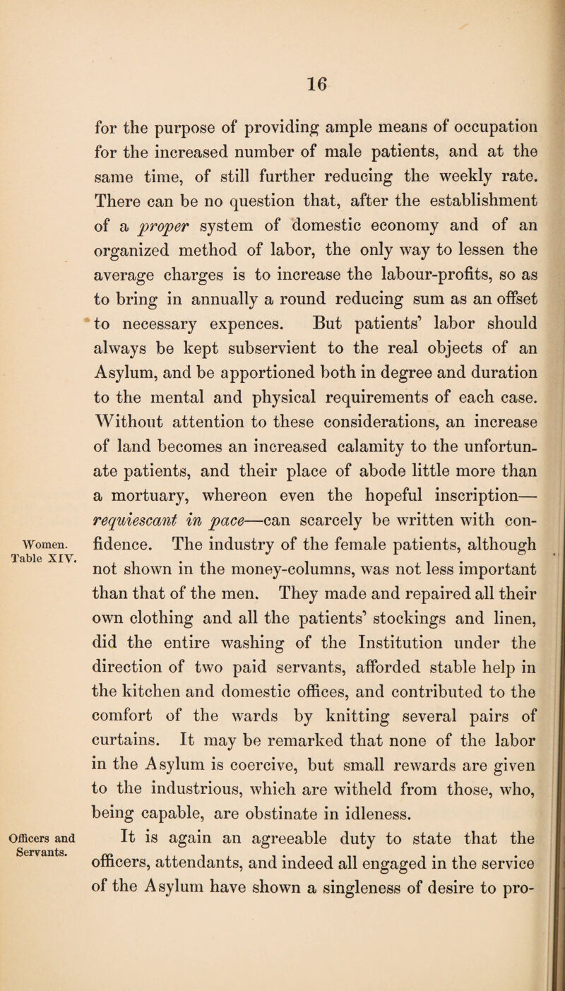 Women. Table XIV. Officers and Servants. for the purpose of providing ample means of occupation for the increased number of male patients, and at the same time, of still further reducing the weekly rate. There can be no question that, after the establishment of a proper system of domestic economy and of an organized method of labor, the only way to lessen the average charges is to increase the labour-profits, so as to bring in annually a round reducing sum as an offset to necessary expences. But patients’ labor should always be kept subservient to the real objects of an Asylum, and be apportioned both in degree and duration to the mental and physical requirements of each case. Without attention to these considerations, an increase of land becomes an increased calamity to the unfortun¬ ate patients, and their place of abode little more than a mortuary, whereon even the hopeful inscription— requiescant in pace—can scarcely be written with con¬ fidence. The industry of the female patients, although not shown in the money-columns, was not less important than that of the men. They made and repaired all their own clothing and all the patients’ stockings and linen, did the entire washing of the Institution under the direction of two paid servants, afforded stable help in the kitchen and domestic offices, and contributed to the comfort of the wards by knitting several pairs of curtains. It may be remarked that none of the labor in the Asylum is coercive, but small rewards are given to the industrious, which are witheld from those, who, being capable, are obstinate in idleness. It is again an agreeable duty to state that the officers, attendants, and indeed all engaged in the service of the Asylum have shown a singleness of desire to pro-