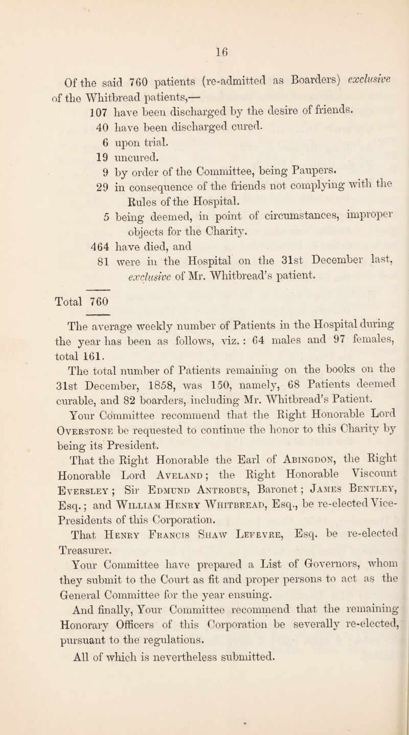 Of the said 760 patients (re-admitted as Boarders) exclusive of the Whitbread patients,— 107 have been discharged by the desire of friends. 40 have been discharged cured. 6 upon trial. 19 uncured. 9 by order of the Committee, being Paupers. 29 in consequence of the friends not complying with the Pules of the Hospital. 5 being deemed, in point of circumstances, improper objects for the Charity. 464 have died, and 81 were in the Hospital on the 31st December last, exclusive of Mr. Whitbread’s patient. Total 760 The average weekly number of Patients in the Hospital during the year has been as follows, viz. : 64 males and 97 females, total 161. The total number of Patients remaining on the books on the 31st December, 1858, was 150, namely, 68 Patients deemed curable, and 82 boarders, including Mr. Whitbread’s Patient. Your Committee recommend that the Right Honorable Lord Overstone be requested to continue the honor to this Charity by being its President. That the Right Honorable the Earl of Abingdon, the Right Honorable Lord Aveland ; the Right Honorable Viscount Eversley ; Sir Edmund Anteobus, Baronet; James Bentley, Esq.; and William Henry Whitbread, Esq., be re-elected Vice- Presidents of this Corporation. That Henry Francis Shaw Lefevre, Esq. be re-elected Treasurer. Your Committee have prepared a List of Governors, whom they submit to the Court as fit and proper persons to act as the General Committee for the year ensuing. And finally, Your Committee recommend that the remaining Honorary Officers of this Corporation be severally re-elected, pursuant to the regulations. All of which is nevertheless submitted.