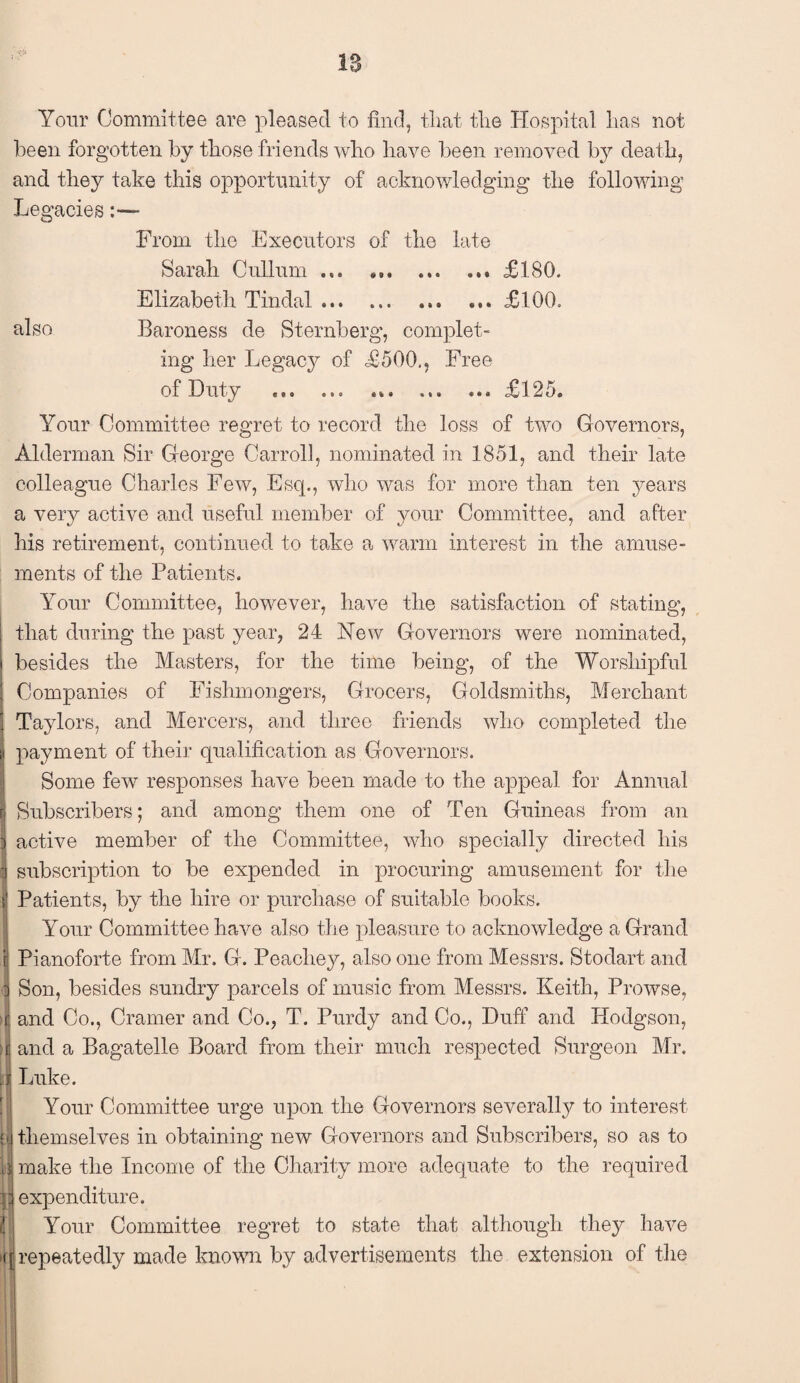 Your Committee are pleased to find, that the Hospital lias not been forgotten by those friends who have been removed by death, and they take this opportunity of acknowledging the following Legacies also From the Executors of the late Sarah Oullum ... ... . Elizabeth Tindal.. Baroness de Sternberg, complet¬ ing her Legacy of <£500,, Free of D lit y c « 0 cte 11 * • I I £180. £100. £125. Your Committee regret to record the loss of two Governors, Alderman Sir George Carroll, nominated in 1851, and their late colleague Charles Few, Esq., who was for more than ten years a very active and useful member of your Committee, and after his retirement, continued to take a warm interest in the amuse¬ ments of the Patients. Your Committee, however, have the satisfaction of stating, that during the past year, 24 New Governors were nominated, besides the Masters, for the time being, of the Worshipful Companies of Fishmongers, Grocers, Goldsmiths, Merchant Taylors, and Mercers, and three friends who completed the ij payment of their qualification as Governors. Some few responses have been made to the appeal for Annual I Subscribers; and among them one of Ten Guineas from an i active member of the Committee, who specially directed his •j subscription to be expended in procuring amusement for the I Patients, by the hire or purchase of suitable books. Your Committee have also the pleasure to acknowledge a Grand i Pianoforte from Mr. G. Peachey, also one from Messrs. Stodart and i Son, besides sundry parcels of music from Messrs. Keith, Prowse, (I and Co., Cramer and Co., T. Purdy and Co., Duff and Hodgson, ;i| and a Bagatelle Board from their much respected Surgeon Mr. j Luke. Your Committee urge upon the Governors severally to interest themselves in obtaining new Governors and Subscribers, so as to make the Income of the Charity more adequate to the required expenditure. Your Committee regret to state that although they have repeatedly made known by advertisements the extension of the '1