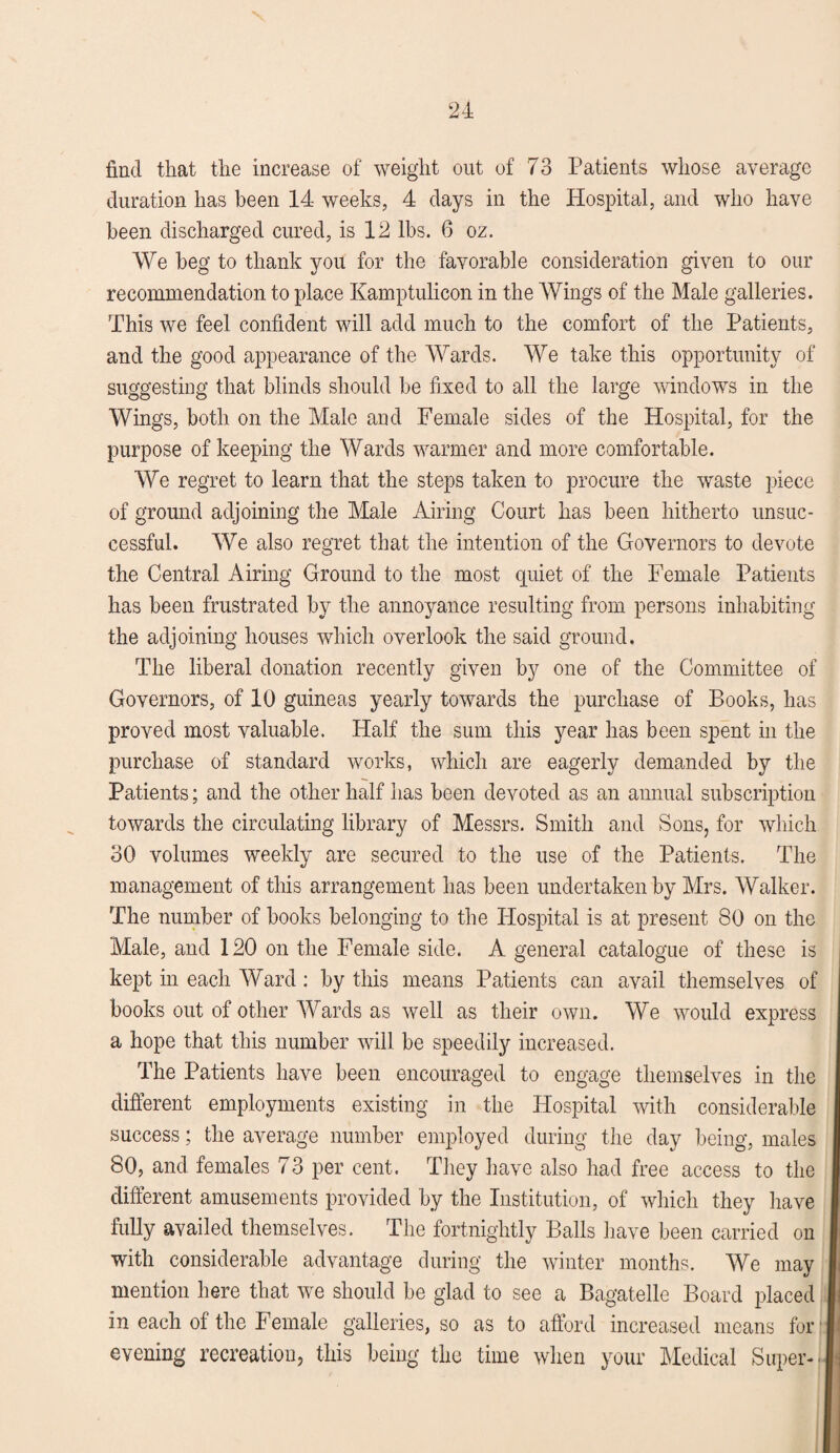 find that the increase of weight out of 73 Patients whose average duration has been 14 weeks, 4 days in the Hospital, and who have been discharged cured, is 12 lbs. 6 oz. We beg to thank you for the favorable consideration given to our recommendation to place Kamptulicon in the Wings of the Male galleries. This we feel confident will add much to the comfort of the Patients, and the good appearance of the Wards. We take this opportunity of suggesting that blinds should be fixed to all the large windows in the Wings, both on the Male and Female sides of the Hospital, for the purpose of keeping the Wards warmer and more comfortable. We regret to learn that the steps taken to procure the waste piece of ground adjoining the Male Airing Court has been hitherto unsuc¬ cessful. We also regret that the intention of the Governors to devote the Central Airing Ground to the most quiet of the Female Patients has been frustrated by the annoyance resulting from persons inhabiting the adjoining houses which overlook the said ground. The liberal donation recently given by one of the Committee of Governors, of 10 guineas yearly towards the purchase of Books, has proved most valuable. Half the sum this year has been spent in the purchase of standard works, which are eagerly demanded by the Patients; and the other half has been devoted as an annual subscription towards the circulating library of Messrs. Smith and Sons, for which 30 volumes weekly are secured to the use of the Patients. The management of this arrangement lias been undertaken by Mrs. Walker. The number of books belonging to the Hospital is at present 80 on the Male, and 120 on the Female side. A general catalogue of these is kept in each Ward: by this means Patients can avail themselves of books out of other Wards as well as their own. We would express a hope that this number will be speedily increased. The Patients have been encouraged to engage themselves in the different employments existing in the Hospital with considerable success; the average number employed during the day being, males 80, and females 73 per cent. They have also had free access to the different amusements provided by the Institution, of which they have I fully availed themselves. The fortnightly Balls have been carried on with considerable advantage during the winter months. We may mention here that we should be glad to see a Bagatelle Board placed |i in each ol the Female galleries, so as to afford increased means for i evening recreation, this being the time when your Medical Super- I