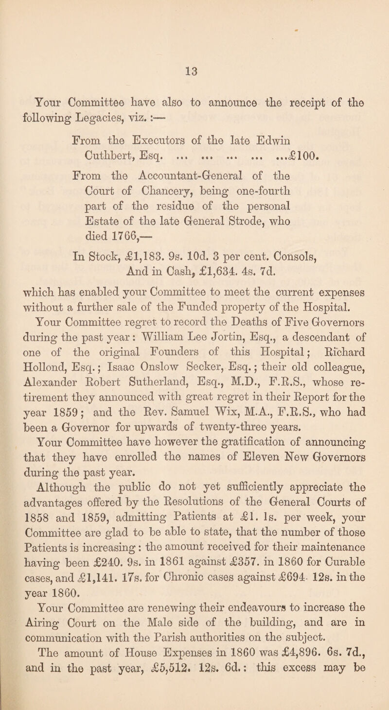 Yonr Committee have also to announce the receipt of the following Legacies, viz.:—■ From the Executors of the late Edwin Cuthbert, Esq...<£100. From the Accountant-General of the Court of Chancery, being one-fourth part of the residue of the personal Estate of the late General Strode, who died 1766,— In Stock, £1,183. 9s. lOd. 3 per cent. Consols, And in Cash, £1,634. 4s. 7d. which has enabled your Committee to meet the current expenses without a further sale of the Funded property of the Hospital. Your Committee regret to record the Deaths of Five Governors during the past year: William Lee Jortin, Esq., a descendant of one of the original Founders of this Hospital; Ei'chard Hollond, Esq.; Isaac Onslow Seeker, Esq.; their old colleague, Alexander Eobert Sutherland, Esq., M.D., F.E.S., whose re¬ tirement they announced with great regret in their Eeport for the year 1859; and the Eev. Samuel Wix, M.A., F.E.S., who had been a Governor for upwards of twenty-three years. Your Committee have however the gratification of announcing that they have enrolled the names of Eleven Hew Governors during the past year. Although the public do not yet sufficiently appreciate the advantages offered by the Eesolutions of the General Courts of 1858 and 1859, admitting Patients at £1. Is. per week, your Committee are glad to be able to state, that the number of those Patients is increasing: the amount received for their maintenance having been £240. 9s. in 1861 against £357. in 1860 for Curable cases, and £L141. 17s, for Chronic cases against £694- 12s. in the year 1860. Your Committee are renewing their endeavours to increase the Airing Court on the Male side of the building, and are in communication with the Parish authorities on the subject. The amount of House Expenses in 1860 was £4,896. 6s. 7d., and in the past year, £5,512. 12s. 6d.: this excess may be