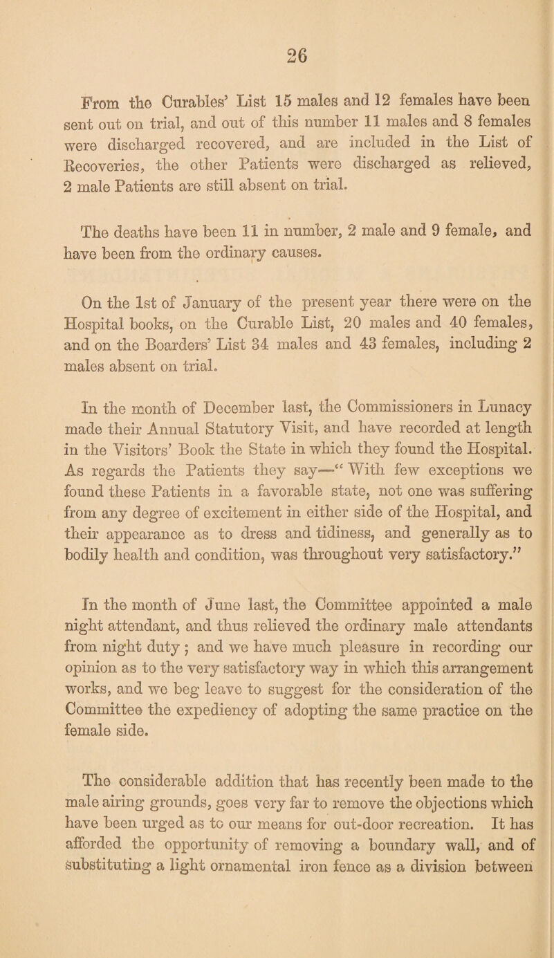 From the Curables5 List 15 males and 12 females have been sent ont on trial, and out of this number 11 males and 8 females were discharged recovered, and are included in the List of Recoveries, the other Patients were discharged as relieved, 2 male Patients are still absent on trial. The deaths have been 11 in number, 2 male and 9 female, and have been from the ordinary causes. On the 1st of January of the present year there were on the Hospital books, on the Curable List, 20 males and 40 females? and on the Boarders5 List 34 males and 43 females, including 2 males absent on trial. In the month of December last, the Commissioners in Lunacy made their Annual Statutory Visit, and have recorded at length in the Visitors5 Book the State in which they found the Hospital. As regards the Patients they say—'“ With few exceptions we found these Patients in a favorable state, not one was suffering from any degree of excitement in either side of the Hospital, and their appearance as to dress and tidiness, and generally as to bodily health and condition, was throughout very satisfactory.” In the month of June last, the Committee appointed a male night attendant, and thus relieved the ordinary male attendants from night duty ; and we have much pleasure in recording our opinion as to the very satisfactory way in which this arrangement works, and we beg leave to suggest for the consideration of the Committee the expediency of adopting the same practice on the female side. The considerable addition that has recently been made to the male airing grounds, goes very far to remove the objections which have been urged as to our means for out-door recreation. It has afforded the opportunity of removing a boundary wall, and of Substituting a light ornamental iron fence as a division between