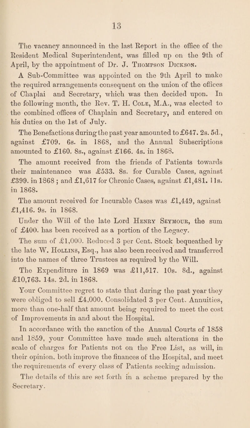 The vacancy announced in the last Report in the office of the Resident Medical Superintendent, was filled up on the 9th of April, by the appointment of Dr. J. Thompson Dickson. A Sub-Committee was appointed on the 9th April to make the required arrangements consequent on the union of the offices of Chaplai and Secretary, which was then decided upon. In the following month, the Rev. T. H. Cole, M.A., was elected to the combined offices of Chaplain and Secretary, and entered on his duties on the 1st of July. The Benefactions during the past year amounted to £647. 2s. 5d., against £709. 6s. in 1868, and the Annual Subscriptions amounted to £160. 8s., against £166. 4s. in 1868. The amount received from the friends of Patients towards their maintenance was <£533. 8s. for Curable Cases, against £399. in 1868 ; and £1,617 for Chronic Cases, against £1,481. 1 Is. in 1868. The amount received for Incurable Cases was £1,449, against £1,416. 9s. in 1868. Under the Will of the late Lord Henry Seymour, the sum of £400. has been received as a portion of the Legacy. The sum of £1,000. Reduced 3 per Cent. Stock bequeathed by the late W. Hollins, Esq., has also been received and transferred into the names of three Trustees as required by the Will. The Expenditure in 1869 was <£11,517. 10s. 8d., against <£10,763. 14s. 2d. in 1868. Your Committee regret to state that daring the past year they were obliged to sell £4,000. Consolidated 3 per Cent. Annuities, more than one-half that amount being required to meet the cost of Improvements in and about the Hospital. In accordance with the sanction of the Annual Courts of 1858 and 1859, your Committee have made such alterations in the scale of charges for Patients not on the Free List, as will, in their opinion, both improve the finances of the Hospital, and meet the requirements of every class of Patients seeking admission. The details of this are set forth in a scheme prepared by the -Secretary.