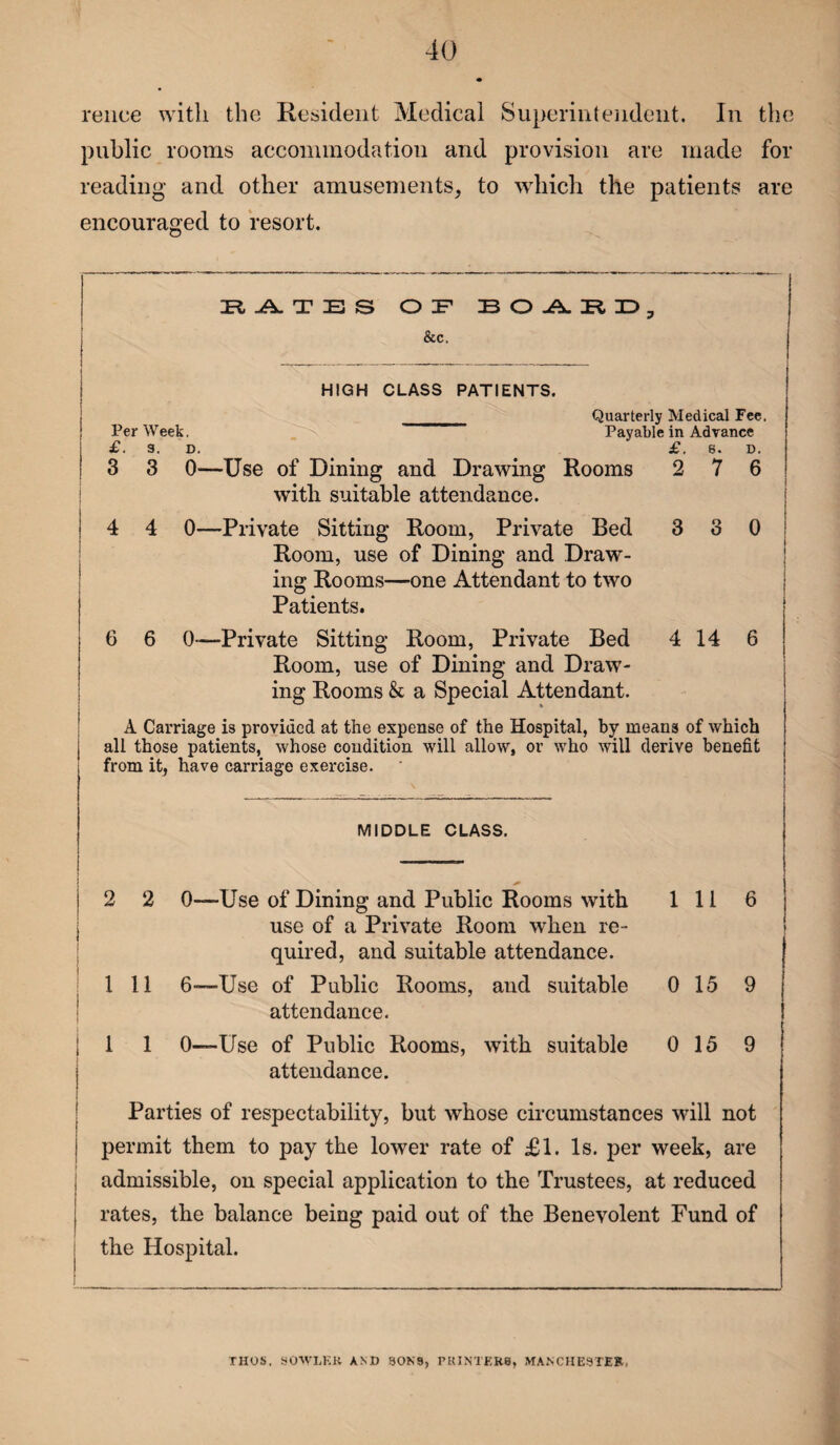 renee with the Resident Medical Superintendent. In the public rooms accommodation and provision are made for reading and other amusements, to which the patients are encouraged to resort. IB, T E S OIF BOARD, See, HIGH CLASS PATIENTS. ______ Quarterly Medical Fee. Per Week. Payable in Advance £. s. D. £. 6. D. 3 3 0—Use of Dining and Drawing Rooms 2 7 6 with suitable attendance. 4 4 0—Private Sitting Room, Private Bed 3 3 0 Room, use of Dining and Draw¬ ing Rooms—one Attendant to two Patients. 6 6 0-—Private Sitting Room, Private Bed 4 14 6 Room, use of Dining and Draw¬ ing Rooms & a Special Attendant. A Carriage is provided at the expense of the Hospital, by means of which all those patients, whose condition will allow, or who will derive benefit from it, have carriage exercise. MIDDLE CLASS. l I 1 j 2 2 0—Use of Dining and Public Rooms with 111 6 use of a Private Room when re¬ quired, and suitable attendance. 1 11 6—Use of Public Rooms, and suitable 0 15 9 attendance. 1 1 0—Use of Public Rooms, with suitable 0 15 9 attendance. Parties of respectability, but whose circumstances will not permit them to pay the lower rate of £1. Is. per week, are admissible, on special application to the Trustees, at reduced rates, the balance being paid out of the Benevolent Fund of the Hospital. THUS. SOWLKK AM) SONS, PKINTKR8, MANCHESTER,