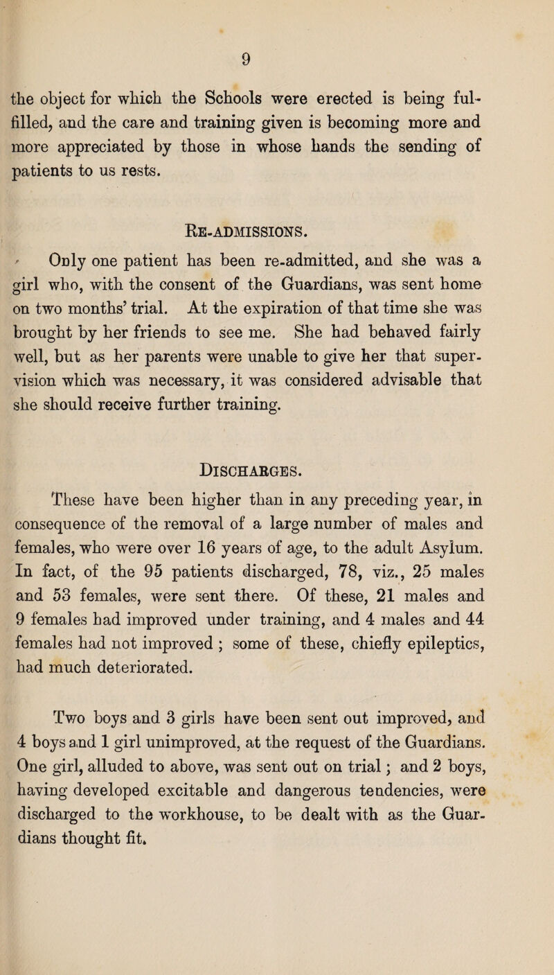 the object for which the Schools were erected is being ful¬ filled, and the care and training given is becoming more and more appreciated by those in whose hands the sending of patients to us rests. Re-admissions. Only one patient has been re-admitted, and she was a girl who, with the consent of the Guardians, was sent home on two months’ trial. At the expiration of that time she was brought by her friends to see me. She had behaved fairly well, but as her parents were unable to give her that super¬ vision which was necessary, it was considered advisable that she should receive further training. Discharges. These have been higher than in any preceding year, in consequence of the removal of a large number of males and females, who were over 16 years of age, to the adult Asylum. In fact, of the 95 patients discharged, 78, viz., 25 males and 53 females, were sent there. Of these, 21 males and 9 females had improved under training, and 4 males and 44 females had not improved ; some of these, chiefly epileptics, had much deteriorated. Two boys and 3 girls have been sent out improved, and 4 boys and 1 girl unimproved, at the request of the Guardians. One girl, alluded to above, was sent out on trial; and 2 boys, having developed excitable and dangerous tendencies, were discharged to the w*orkhouse, to be dealt with as the Guar¬ dians thought fit*