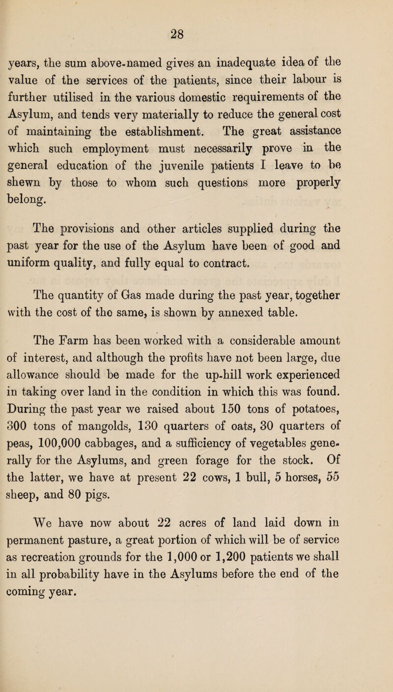 years, the sum above-named gives an inadequate idea of the value of the services of the patients, since their labour is further utilised in the various domestic requirements of the Asylum, and tends very materially to reduce the general cost of maintaining the establishment. The great assistance which such employment must necessarily prove in the general education of the juvenile patients I leave to be shewn by those to whom such questions more properly belong. The provisions and other articles supplied during the past year for the use of the Asylum have been of good and uniform quality, and fully equal to contract. The quantity of Gas made during the past year, together with the cost of the same, is shown by annexed table. The Farm has been worked with a considerable amount of interest, and although the profits have not been large, due allowance should be made for the up-hill work experienced in taking over land in the condition in which this was found. During the past year we raised about 150 tons of potatoes, 300 tons of mangolds, 130 quarters of oats, 30 quarters of peas, 100,000 cabbages, and a sufficiency of vegetables gene¬ rally for the Asylums, and green forage for the stock. Of the latter, we have at present 22 cows, 1 bull, 5 horses, 55 sheep, and 80 pigs. We have now about 22 acres of land laid down in permanent pasture, a great portion of which will be of service as recreation grounds for the 1,000 or 1,200 patients we shall in all probability have in the Asylums before the end of the coming year.