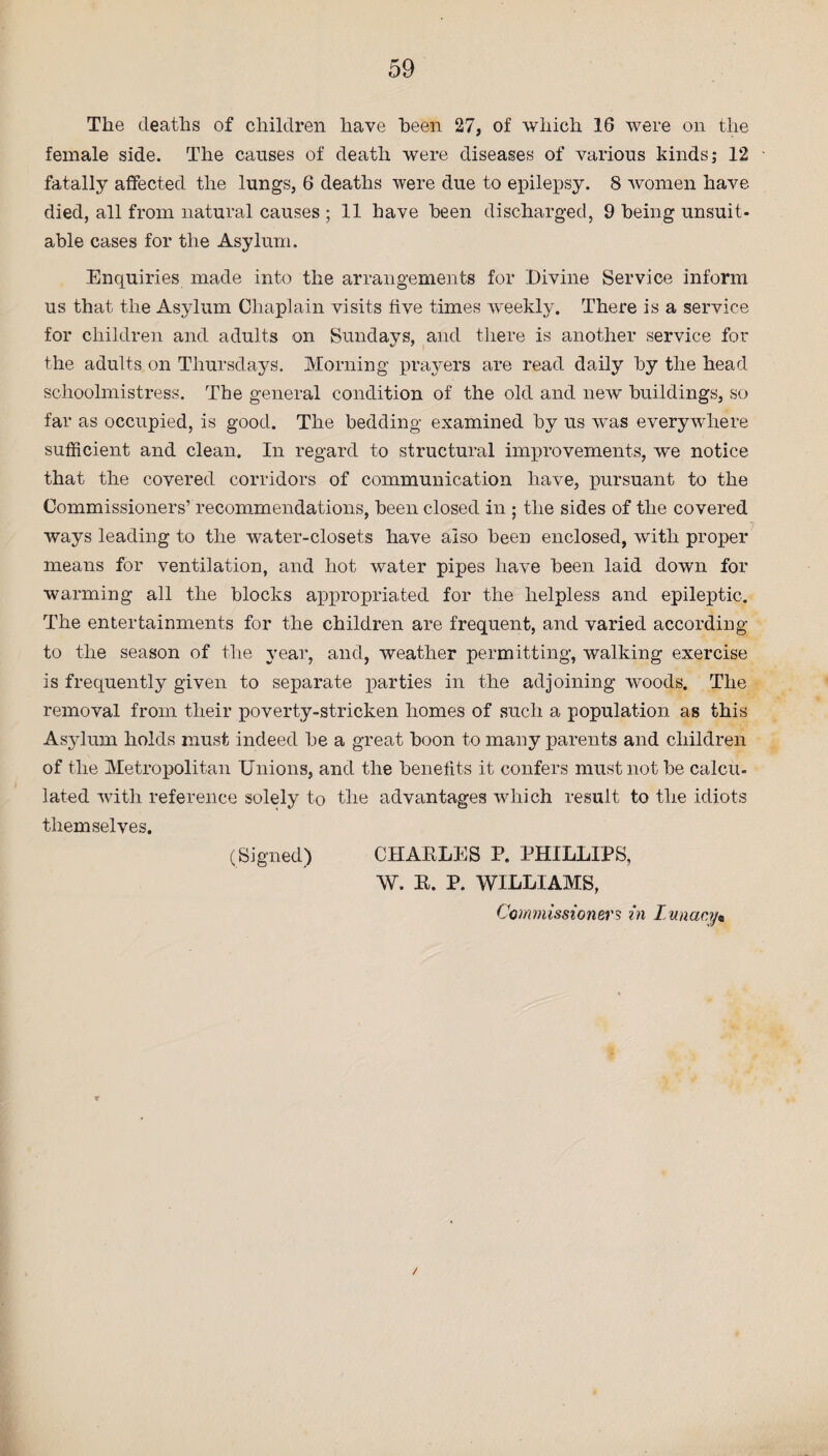 The deaths of children have been 27, of which 16 were on the female side. The causes of death were diseases of various kinds; 12 fatally affected the lungs, 6 deaths were due to epilepsy. 8 women have died, all from natural causes ; 11 have been discharged, 9 being unsuit¬ able cases for the Asylum. Enquiries made into the arrangements for Divine Service inform us that the Asylum Chaplain visits live times weekly. There is a service for children and adults on Sundays, and there is another service for the adults on Thursdays. Morning prayers are read daily by the head schoolmistress. The general condition of the old and new buildings, so far as occupied, is good. The bedding examined by us was everywhere sufficient and clean. In regard to structural improvements, we notice that the covered corridors of communication have, pursuant to the Commissioners’ recommendations, been closed in ; the sides of the covered ways leading to the water-closets have also been enclosed, with proper means for ventilation, and hot water pipes have been laid down for warming all the blocks appropriated for the helpless and epileptic. The entertainments for the children are frequent, and varied according to the season of the year, and, weather permitting, walking exercise is frequently given to separate parties in the adjoining woods. The removal from their poverty-stricken homes of such a population as this Asylum holds must indeed be a great boon to many parents and children of the Metropolitan Unions, and the benefits it confers must not be calcu- lated with reference solely to the advantages which result to the idiots themselves. (Signed) CHARLES P. PHILLIPS, W. R. P. WILLIAMS, Commissioners in lunacy* /