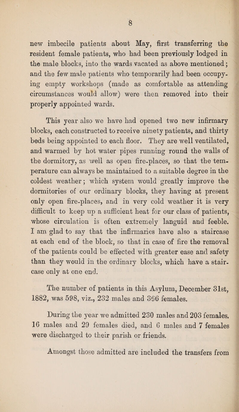 new imbecile patients about May, first transferring the resident female patients, who had been previously lodged in the male blocks, into the wards vacated as above mentioned; and the few male patients who temporarily had been occupy¬ ing empty workshops (made as comfortable as attending circumstances would allow) were then removed into their properly appointed wards. This year also we have had opened two new infirmary blocks, each constructed to receive ninety patients, and thirty beds being appointed to each floor. They are well ventilated, and warmed by hot water pipes running round the walls of the dormitory, as well as open fire-places, so that the tem¬ perature can always be maintained to a suitable degree in the coldest weather; which system would greatly improve the dormitories of our ordinary blocks, they having at present only open fire-places, and in very cold weather it is very difficult to keep up a sufficient heat for our class of patients, whose circulation is often extremely languid and feeble. I am, glad to say that the infirmaries have also a staircase at each end of the block, so that in case of fire the removal of the patients could be effected with greater ease and safety than they would in the ordinary blocks, which have a stair¬ case only at one end. The number of patients in this Asylum, December 31st, 1882, was 598, viz., 232 males and 366 females. During the year we admitted 230 males and 203 females. 16 males and 29 females died, and 6 males and 7 females were discharged to their parish or friends. Amongst those admitted are included the transfers from
