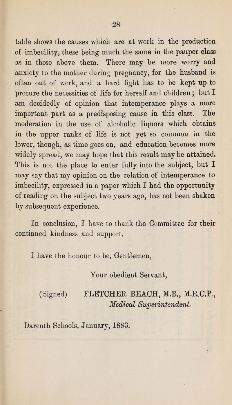 table shows the causes which are at work in the production of imbecility, these being much the same in the pauper class as in those above them. There may be more worry and anxiety to the mother during pregnancy, for the husband is often out of work, and a hard fight has to be kept up to procure the necessities of life for herself and children; but I am decidedly of opinion that intemperance plays a more important part as a predisposing cause in this class. The moderation in the use of alcoholic liquors which obtains in the upper ranks of life is not yet so common in the lower, though, as time goes on, and education becomes more widely spread, we may hope that this result maybe attained. This is not the place to enter fully into the subject, but I may say that my opinion on the relation of intemperance to imbecility, expressed in a paper which I had the opportunity of reading on the subject two years ago, has not been shaken by subsequent experience. In conclusion, I have to thank the Committee for their continued kindness and support. I have the honour to be, Gentlemen, Your obedient Servant, (Signed) FLETCHER BEACH, M.B., M.R C.P., Medical Superintendent Darenth Schools, January, 1883.