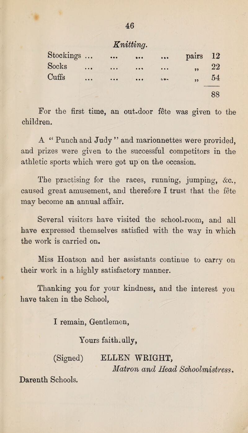 Stockings ... Knitting. • • • Ml pairs 12 Socks • • • •• 9 ?> 22 Cuffs • • • ••• 5? 54 88 For the first time, an out-door fete was given to the children. A “ Punch and Judy ” and marionnettes were provided, and prizes were given to the successful competitors in the athletic sports which were got up on the occasion. The practising for the races, running, jumping, &c., caused great amusement, and therefore I trust that the fete may become an annual affair. 1/ Several visitors have visited the school-room, and all have expressed themselves satisfied with the way in which the work is carried on. Miss Hoatson and her assistants continue to carry on their work in a highly satisfactory manner. Thanking you for your kindness, and the interest you have taken in the School, I remain, Gentlemen, Yours faithfully, (Signed) ELLEN WRIGHT, Matron and Head Schoolmistress, Darenth Schools.