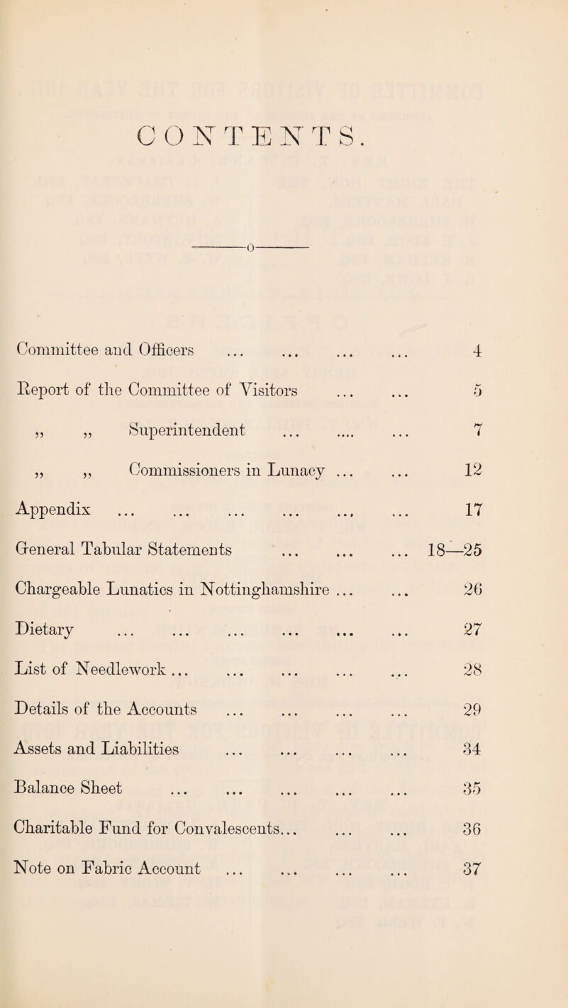 -0- Committee and Officers ... ... ... ... 4 Report of the Committee of Visitors ... ... 5 ,, „ Superintendent ... .... ... 7 „ „ Commissioners in Lunacy ... ... 12 Appendix . 17 General Tabular Statements ... ... ... 18—25 Chargeable Lunatics in Nottinghamshire ... ... 26 Dietary ... ... . 27 List of Needlework... ... ... ... ... 28 Details of the Accounts ... ... ... ... 29 Assets and Liabilities ... ... ... ... 84 Balance Sheet . 35 Charitable Fund for Convalescents... ... ... 36 Note on Fabric Account ... ... ... ... 37