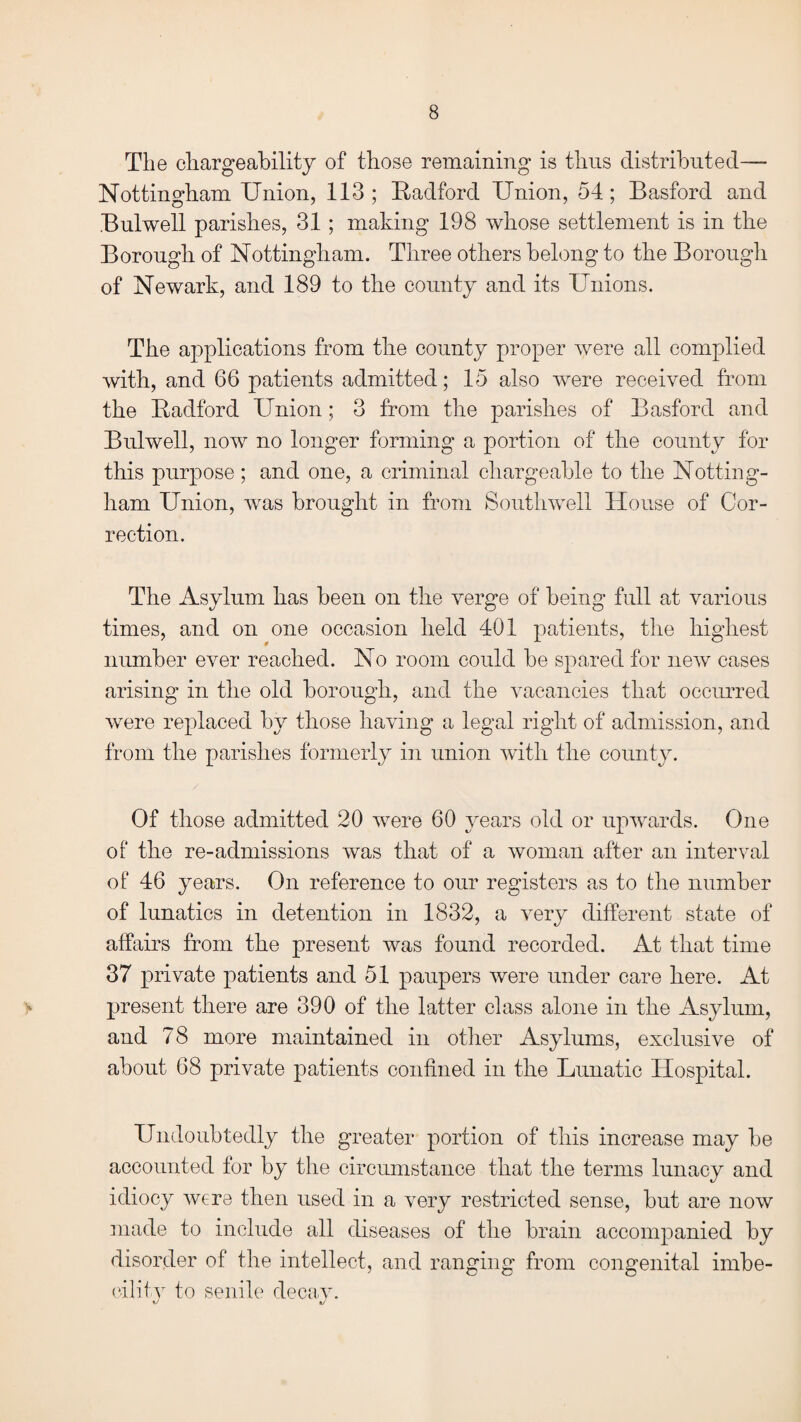 The chargeability of those remaining* is thus distributed— Nottingham Union, 113; Radford Union, 54; Basford and Bulwell parishes, 31 ; making 198 whose settlement is in the Borough of Nottingham. Three others belong to the Borough of Newark, and 189 to the county and its Unions. The applications from the county proper were all complied with, and 66 patients admitted; 15 also were received from the Radford Union; 3 from the parishes of Basford and Bulwell, now no longer forming a portion of the county for this purpose ; and one, a criminal chargeable to the Notting¬ ham Union, was brought in from Southwell House of Cor¬ rection. The Asylum has been on the verge of being full at various times, and on one occasion held 401 patients, the highest number ever reached. No room could he spared for new cases arising in the old borough, and the vacancies that occurred were replaced by those having a legal right of admission, and from the parishes formerly in union with the county. Of those admitted 20 were 60 years old or upwards. One of the re-admissions was that of a woman after an interval of 46 years. On reference to our registers as to the number of lunatics in detention in 1832, a very different state of affairs from the present was found recorded. At that time 37 private patients and 51 paupers were under care here. At present there are 390 of the latter class alone in the Asylum, and 78 more maintained in other Asylums, exclusive of about 68 private patients confined in the Lunatic Hospital. Undoubtedly the greater portion of this increase may he accounted for by the circumstance that the terms lunacy and idiocy were then used in a very restricted sense, but are now made to include all diseases of the brain accompanied by disorder of the intellect, and ranging from congenital imbe¬ cility to senile decay.