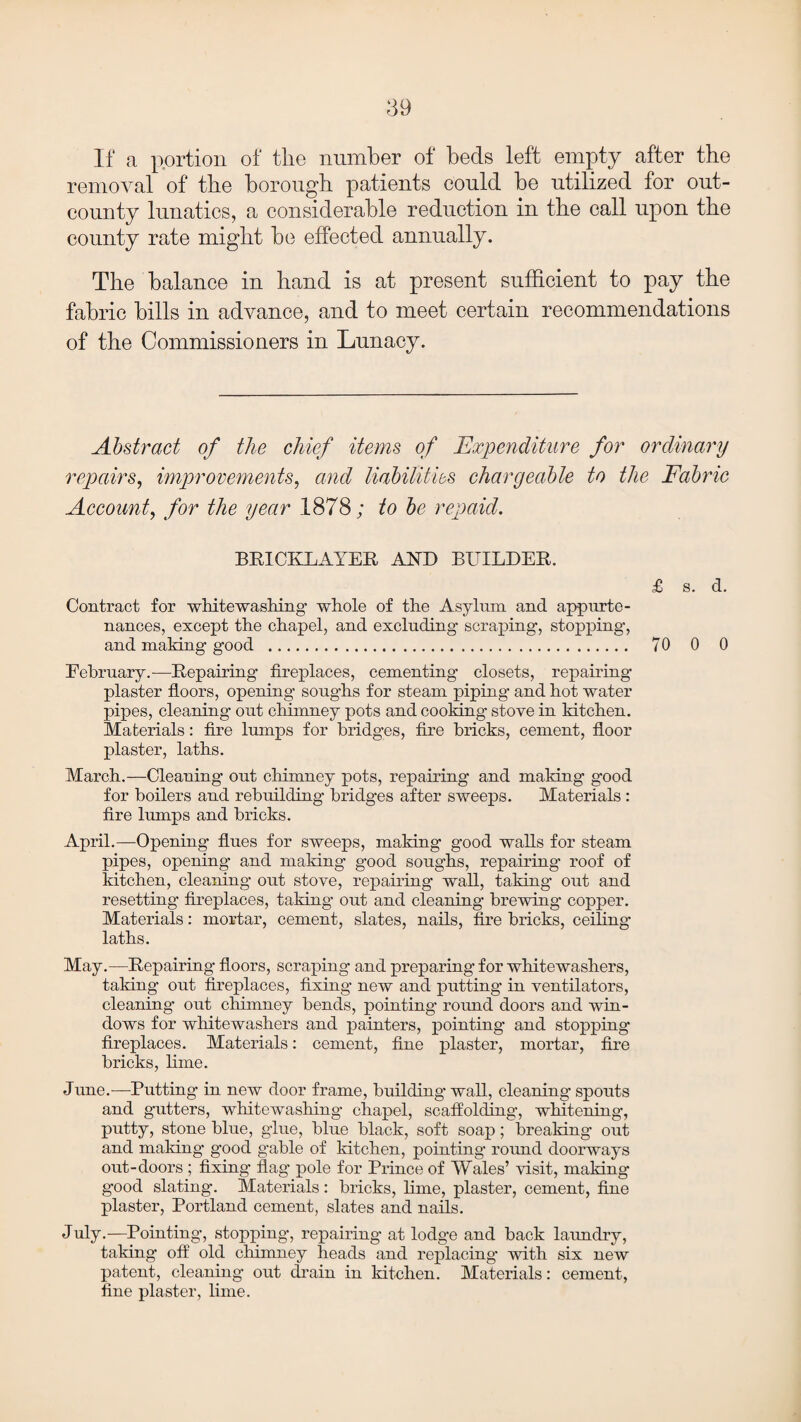 If a portion of the number of heels left empty after the removal of the borough patients could be utilized for out- county lunatics, a considerable reduction in the call upon the county rate might be effected annually. The balance in hand is at present sufficient to pay the fabric bills in advance, and to meet certain recommendations of the Commissioners in Lunacy. Abstract of the chief items of Expenditure for ordinary repairs, improvements, and liabilities chargeable to the Fabric Account, for the year 1878; to be repaid. BRICKLAYER AND BUILDER. £ s. d. Contract for whitewashing' whole of the Asylum and appurte¬ nances, except the chapel, and excluding- scraping, stopping’, and making good .. 70 0 0 February.—Repairing fireplaces, cementing closets, repairing plaster floors, opening soughs for steam piping and hot water pipes, cleaning out chimney pots and cooking stove in kitchen. Materials: fire lumps for bridges, fire bricks, cement, floor plaster, laths. March.—Cleaning out chimney pots, repairing and making good for boilers and rebuilding bridges after sweeps. Materials : fire lumps and bricks. April.—Opening flues for sweeps, making good walls for steam pipes, opening- and making good soughs, repairing roof of kitchen, cleaning out stove, repairing wall, taking out and resetting fireplaces, taking out and cleaning brewing copper. Materials: mortar, cement, slates, nails, fire bricks, ceiling laths. May.—Repairing floors, scraping and preparing for whitewashers, taking out fireplaces, fixing new and putting in ventilators, cleaning out chimney bends, pointing round doors and win¬ dows for whitewashers and painters, pointing and stopping fireplaces. Materials: cement, fine plaster, mortar, fire bricks, lime. June.-—Putting in new door frame, building wall, cleaning spouts and gutters, whitewashing chapel, scaffolding, whitening, putty, stone blue, glue, blue black, soft soap; breaking out and making good gable of kitchen, pointing- round doorways out-doors ; fixing- flag pole for Prince of Wales’ visit, making good slating-. Materials: bricks, lime, plaster, cement, fine plaster, Portland cement, slates and nails. July.—Pointing, stopping, repairing at lodge and back laundry, taking off old chimney heads and replacing -with six new patent, cleaning out drain in kitchen. Materials: cement, fine plaster, lime.