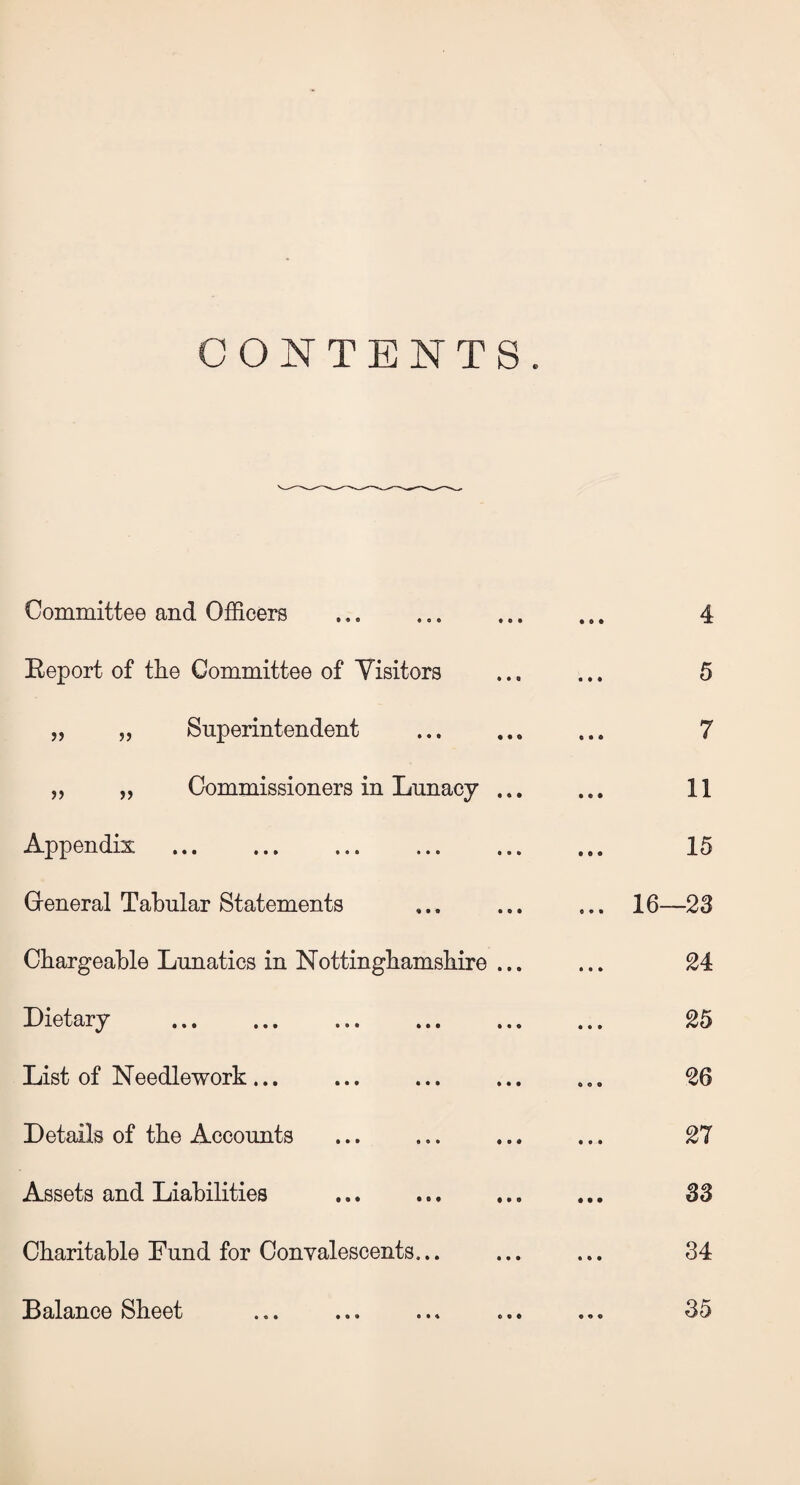 CONTENTS Committee and Officers .. 4 • 0 • i Report of the Committee of Visitors 5 „ „ Superintendent 7 „ „ Commissioners in Lunacy ... 11 Appendix . 15 General Tabular Statements ... 16—23 Chargeable Lunatics in Nottinghamshire ... 24 Dietary ... ... ... ... ... 25 List of Needlework... ... 26 Details of the Accounts 27 Assets and Liabilities 33 Charitable Fund for Convalescents... CO • e • Balance Sheet ... .«» • •« . • • 35