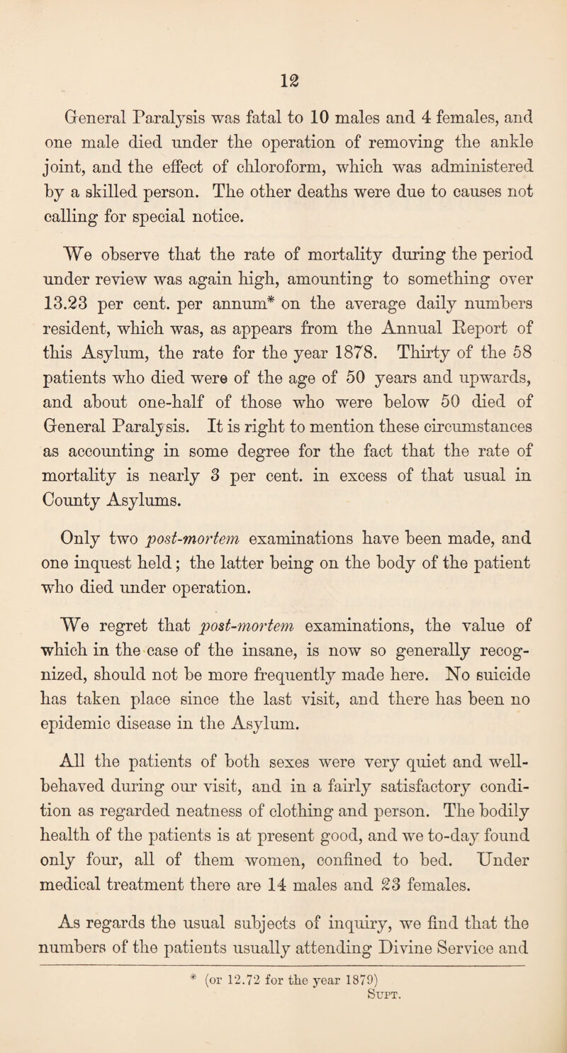 General Paralysis was fatal to 10 males and 4 females, and one male died under the operation of removing the ankle joint, and the effect of chloroform, which was administered by a skilled person. The other deaths were due to causes not calling for special notice. We observe that the rate of mortality during the period under review was again high, amounting to something over 13.23 per cent, per annum* on the average daily numbers resident, which was, as appears from the Annual Report of this Asylum, the rate for the year 1878. Thirty of the 58 patients who died were of the age of 50 years and upwards, and about one-half of those who were below 50 died of General Paralysis. It is right to mention these circumstances as accounting in some degree for the fact that the rate of mortality is nearly 3 per cent, in excess of that usual in County Asylums. Only two post-mortem examinations have been made, and one inquest held; the latter being on the body of the patient who died under operation. We regret that post-mortem examinations, the value of which in the case of the insane, is now so generally recog¬ nized, should not he more frequently made here. No suicide has taken place since the last visit, and there has been no epidemic disease in the Asylum. All the patients of both sexes were very quiet and well- behaved during our visit, and in a fairly satisfactory condi¬ tion as regarded neatness of clothing and person. The bodily health of the patients is at present good, and we to-day found only four, all of them women, confined to bed. Under medical treatment there are 14 males and 23 females. As regards the usual subjects of inquiry, we find that the numbers of the patients usually attending Divine Service and * (or 12.72 for the year 1879) Stjpt.