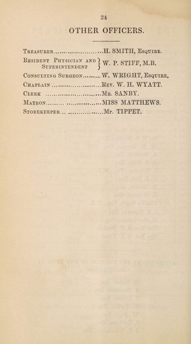 OTHER OFFICERS. Treasurer.H. SMITH, Esquire. Ebsidekt Physician and j ^ p STIFF M B Superintendent ) 5 Consulting- Surgeon.W. WEIGHT, Esquire, Chaplain.Key. W. H. WYATT. Clerk .Mr. SAY BY. Matron.MISS MATTHEWS. Storekeeper... .Mr. TIPPET.