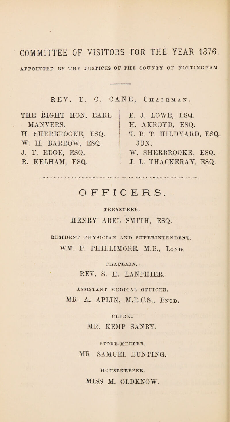COMMITTEE OF VISITORS FOR THE YEAR 1876, APPOINTED BY THE JUSTICES OF THE COUNTY OF NOTTINGHAM. REV. T. C. CANE, Chairman. THE RIGHT HON. EARL MAN VERS. H. SHERBROOKE, ESQ. W. H. BARROW, ESQ. J. T. EDGE, ESQ. R. KELHAM, ESQ. E. J. LOWE, ESQ. H. AKROYD, ESQ. T. B. T. HELD YARD, ESQ. JUN. W. SHERBROOKE, ESQ. J. L. THACKERAY, ESQ. OFFICERS. TREASURER. HENRY ABEL SMITH, ESQ. RESIDENT PHYSICIAN AND SUPERINTENDENT. WM. P. PHILLIHORE, M.B., Lond. CHAPLAIN. KEY. S. H. L.-i NPIIIER. ASSISTANT MEDICAL OFFICER. MB. A. APLIN, M.KC.S., Engd. CLERK. MR. KEMP SANBY. STORE-KEEPER. MR. SAMUEL BUNTING. HOUSEKEEPER. MISS M. OLDKNOW.
