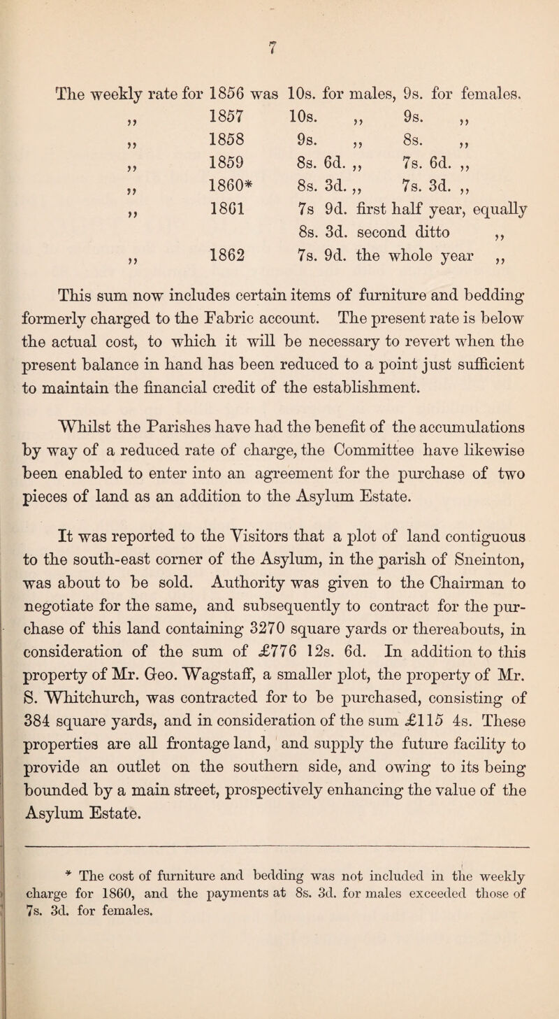 7 The weekly rate for 1856 was 10s. for males, 9s. for females. 1857 10s. ,, 9s. „ >> 1858 9s. ,, 8s. ,, >> 1859 8s. 6d. ,, 7s. 6d. ,, >> I860* 8s. 3d. ,, 7s. 3d. ,, >> 1861 7s 9d. first half year, equally 8s. 3d. second ditto ,, n 1862 7s. 9d. the whole year ,, This sum now includes certain items of furniture and bedding formerly charged to the Fabric account. The present rate is below the actual cost, to which it will be necessary to revert when the present balance in hand has been reduced to a point just sufficient to maintain the financial credit of the establishment. Whilst the Parishes have had the benefit of the accumulations by way of a reduced rate of charge, the Committee have likewise been enabled to enter into an agreement for the purchase of two pieces of land as an addition to the Asylum Estate. It was reported to the Visitors that a plot of land contiguous to the south-east corner of the Asylum, in the parish of Sneinton, was about to be sold. Authority was given to the Chairman to negotiate for the same, and subsequently to contract for the pur¬ chase of this land containing 3270 square yards or thereabouts, in consideration of the sum of £776 12s. 6d. In addition to this property of Mr. Geo. WagstafF, a smaller plot, the property of Mr. S. Wliitchurch, was contracted for to be purchased, consisting of 384 square yards, and in consideration of the sum £115 4s. These properties are all frontage land, and supply the future facility to provide an outlet on the southern side, and owing to its being bounded by a main street, prospectively enhancing the value of the Asylum Estate. * The cost of furniture and bedding was not included in the weekly- charge for 1860, and the payments at 8s. 3d. for males exceeded those of 7s. 3d. for females.