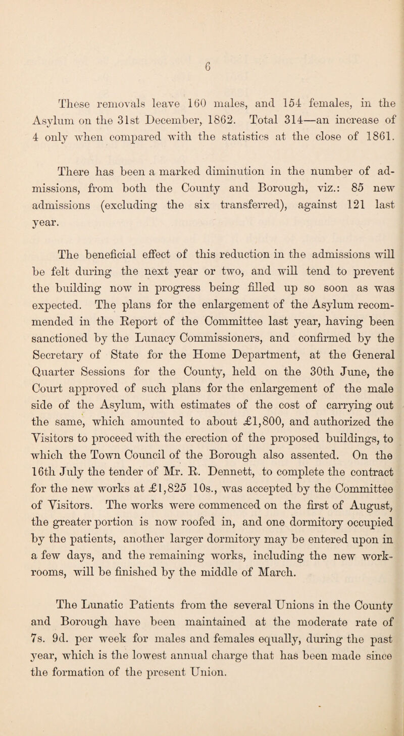 These removals leave 160 males, and 154 females, in the Asylum on the 31st December, 1862. Total 314—an increase of 4 only when compared with the statistics at the close of 1861. There has been a marked diminution in the number of ad¬ missions, from both the County and Borough, viz.: 85 new admissions (excluding the six transferred), against 121 last year. The beneficial effect of this reduction in the admissions will be felt during the next year or two, and will tend to prevent the building now in progress being filled up so soon as was expected. The plans for the enlargement of the Asylum recom¬ mended in the Report of the Committee last year, having been sanctioned by the Lunacy Commissioners, and confirmed by the Secretary of State for the Home Department, at the General Quarter Sessions for the County, held on the 30th June, the Court approved of such plans for the enlargement of the male side of the Asylum, with estimates of the cost of carrying out the same, which amounted to about ,£1,800, and authorized the Visitors to proceed with the erection of the proposed buildings, to which the Town Council of the Borough also assented. On the 16th July the tender of Mr. R. Dennett, to complete the contract for the new works at £1,825 10s., was accepted by the Committee of Visitors. The works were commenced on the first of August, the greater portion is now roofed in, and one dormitory occupied by the patients, another larger dormitory may be entered upon in a few days, and the remaining works, including the new work¬ rooms, will be finished by the middle of March. The Lunatic Patients from the several Unions in the County and Borough have been maintained at the moderate rate of 7s. 9d. per week for males and females equally, during the past year, which is the lowest annual charge that has been made since the formation of the present Union.