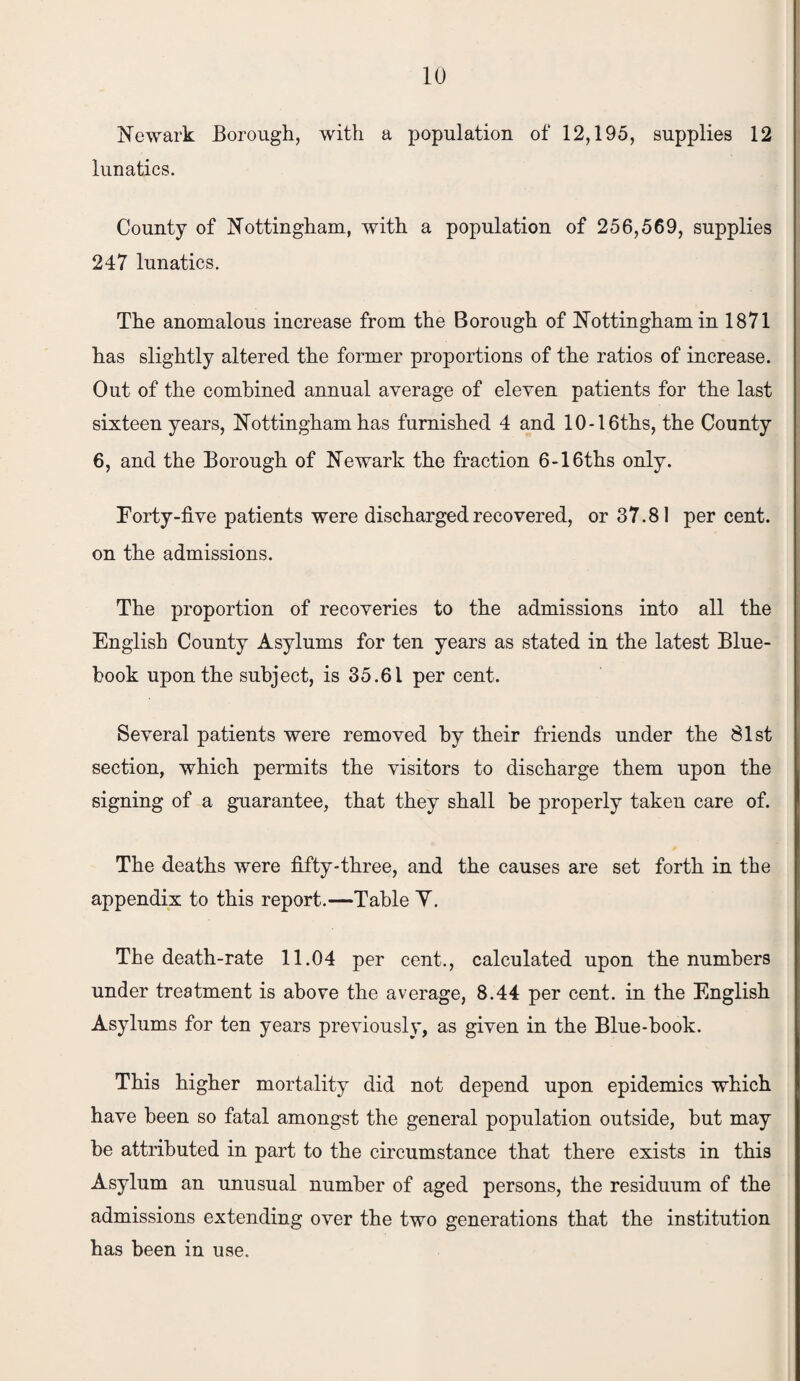 Newark Borough, with a population of 12,195, supplies 12 lunatics. County of Nottingham, with a population of 256,569, supplies 247 lunatics. The anomalous increase from the Borough of Nottingham in 1871 has slightly altered the former proportions of the ratios of increase. Out of the combined annual average of eleven patients for the last sixteen years, Nottingham has furnished 4 and 10-16ths, the County 6, and the Borough of Newark the fraction 6-16ths only. Eorty-five patients were discharged recovered, or 37.81 per cent, on the admissions. The proportion of recoveries to the admissions into all the English County Asylums for ten years as stated in the latest Blue- book upon the subject, is 35.61 per cent. Several patients were removed by their friends under the 81st section, which permits the visitors to discharge them upon the signing of a guarantee, that they shall be properly taken care of. The deaths were fifty-three, and the causes are set forth in the appendix to this report.—Table Y. The death-rate 11.04 per cent., calculated upon the numbers under treatment is above the average, 8.44 per cent, in the English Asylums for ten years previously, as given in the Blue-book. This higher mortality did not depend upon epidemics which have been so fatal amongst the general population outside, but may be attributed in part to the circumstance that there exists in this Asylum an unusual number of aged persons, the residuum of the admissions extending over the two generations that the institution has been in use.