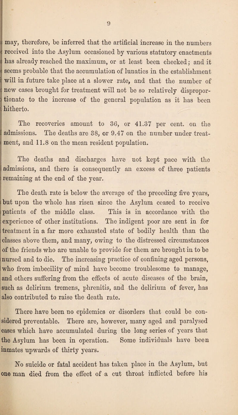 * i may, therefore, be inferred that the artificial increase in the numbers i received into the Asylum occasioned by various statutory enactments 6 has already reached the maximum, or at least been checked; and it i seems probable that the accumulation of lunatics in the establishment r will in future take place at a slower rate, and that the number of s new cases brought for treatment will not be so relatively dispropor- d tionate to the increase of the general population as it has been . hitherto. The recoveries amount to 36, or 41.37 per cent, on the I admissions. The deaths are 38, or 9.47 on the number under treat- > ment, and 11.8 on the mean resident population. The deaths and discharges have not kept pace with the J admissions, and there is consequently an excess of three patients t remaining at the end of the year. The death rate is below the average of the preceding five years, i but upon the whole has risen since the Asylum ceased to receive | patients of the middle class. This is in accordance with the ; experience of other institutions. The indigent poor are sent in for ] treatment in a far more exhausted state of bodily health than the : classes above them, and many, owing to the distressed circumstances of the friends who are unable to provide for them are brought in to be i nursed and to die. The increasing practice of confining aged persons, I who from imbecility of mind have become troublesome to manage, : and others suffering from the effects of acute diseases of the brain, such as delirium tremens, phrenitis, and the delirium of fever, has also contributed to raise the death rate. There have been no epidemics or disorders that could be con¬ sidered preventable. There are, however, many aged and paralysed cases which have accumulated during the long series of years that the Asylum has been in operation. Some individuals have been inmates upwards of thirty years. No suicide or fatal accident has taken place in the Asylum, but one man died from the effect of a cut throat inflicted before his