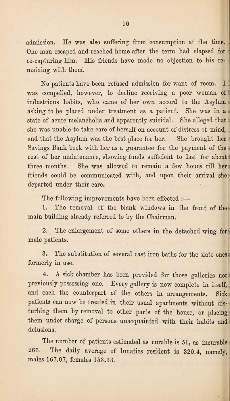 admission. He was also suffering from consumption at the time. One man escaped and reached home after the term had elapsed for re-capturing him. His friends have made no objection to his re¬ maining with them. Ho patients have been refused admission for want of room. I was compelled, however, to decline receiving a poor woman of industrious habits, who came of her own accord to the Asylum ashing to he placed under treatment as a patient. She was in a state of acute melancholia and apparently suicidal. She alleged that she was unable to take care of herself on account of distress of mind, and that the Asylum was the best place for her. She brought her Savings Bank book with her as a guarantee for the payment of the cost of her maintenance, showing funds sufficient to last for about; three months. She was allowed to remain a few hours till her’ friends could be communicated with, and upon their arrival she departed under their care. The following improvements have been effected :— 1. The removal of the blank windows in the front of the main building already referred to by the Chairman. 2. The enlargement of some others in the detached wing for: male patients. 3. The substitution of several cast iron baths for the slate onesi formerly in use. 4. A sick chamber has been provided for those galleries not: previously possessing one. Every gallery is now complete in itself,, and each the counterpart of the others in arrangements. Sick: patients can now be treated in their usual apartments without dis- • turbing them by removal to other parts of the; house, or placing; them under charge of persons unacquainted with their habits and! delusions. The number of patients estimated as curable is 51, as incurable: 266. The daily average of lunatics resident is 320.4, namely,, males 167.07, females 153,33.