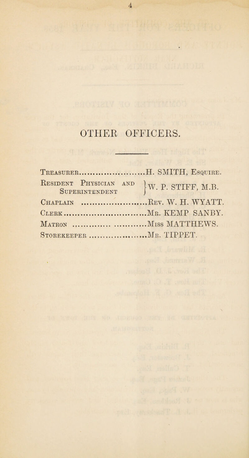 OTHER OFFICERS. Treasurer.H. SMITH, Esquire. Resident Physician and p gTjFF -p p Superintendent j ' ’ Chaplain .....Rev. W. H. WYATT. Clerk.Mr. KEMP SANBY. Matron .Miss MATTHEWS. Storekeeper...Mr. TIPPET.