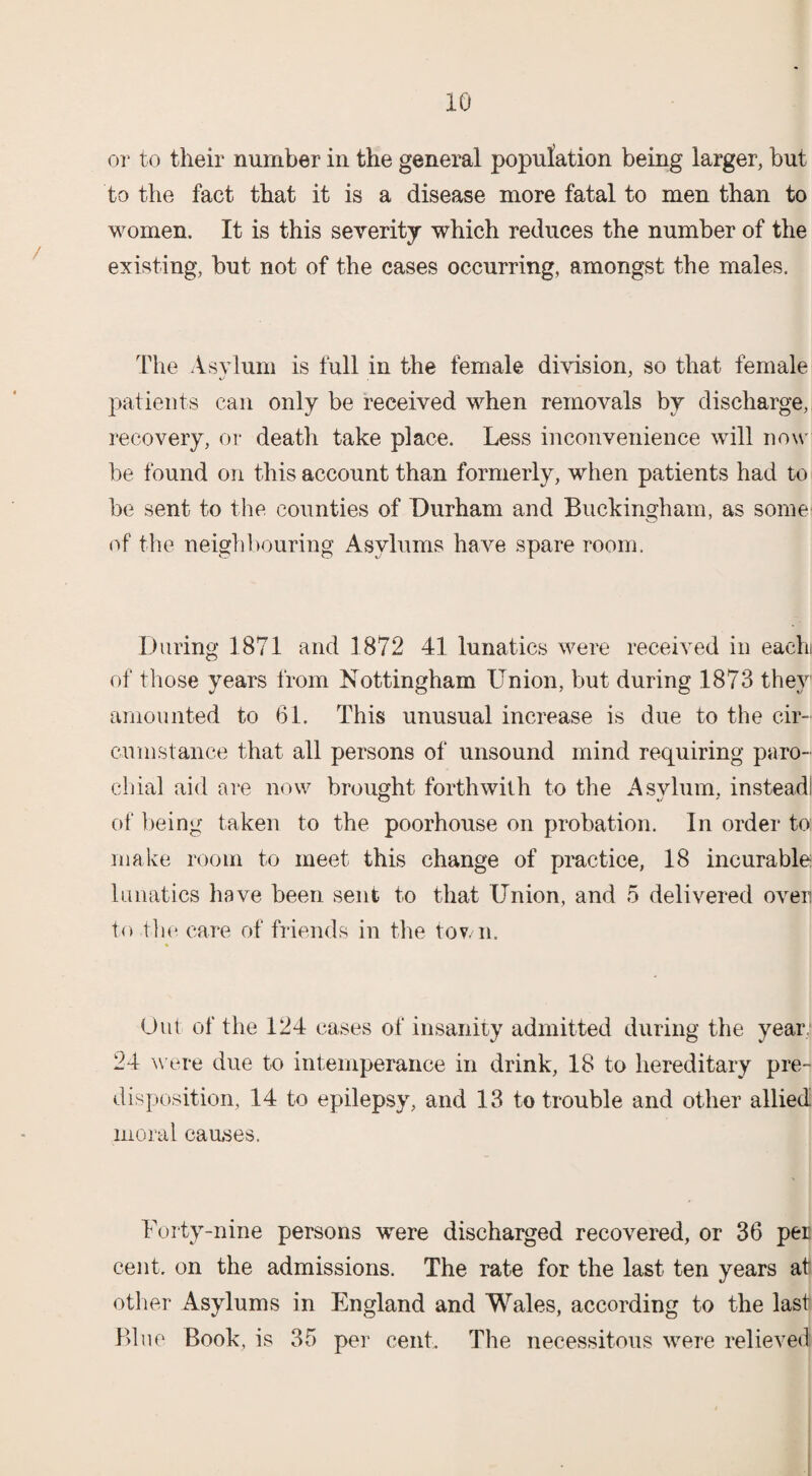 or to their number in the general population being larger, but to the fact that it is a disease more fatal to men than to women. It is this severity which reduces the number of the existing, but not of the cases occurring, amongst the males. The Asylum is full in the female division, so that female patients can only be received when removals by discharge, recovery, or death take place. Less inconvenience will now be found on this account than formerly, when patients had to be sent to the counties of Durham and Buckingham, as some o of the neighbouring Asylums have spare room. During 1871 and 1872 41 lunatics were received in each of those years from Nottingham Union, but during 1873 they amounted to 61. This unusual increase is due to the cir¬ cumstance that all persons of unsound mind requiring paro¬ chial aid are now brought forthwith to the Asylum, instead! of being taken to the poorhouse on probation. In order to make room to meet this change of practice, 18 incurable lunatics have been sent to that Union, and 5 delivered oven to the care of friends in the tov. n. Out of the 124 cases of insanity admitted during the year; 24 were due to intemperance in drink, 18 to hereditary pre¬ disposition, 14 to epilepsy, and 13 to trouble and other allied moral causes. Forty-nine persons were discharged recovered, or 36 per cent, on the admissions. The rate for the last ten years at other Asylums in England and Wales, according to the last Blue Book, is 35 per cent. The necessitous were relieved