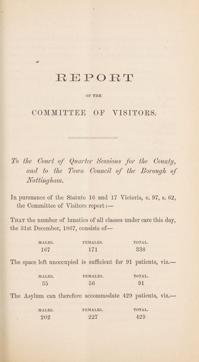 REPOET OF THE COMMITTEE OE VISITORS. To the Court of Quarter Sessions for the County, and to the Town Councit of the Borough of Nottingham. In pursuance of the Statute 16 and 17 Victoria, c. 97, s. 62, the Committee of Visitors report:— That the number of lunatics of all classes under care this day, the 31st December, 1867, consists of— MALES. FEMALES. TOTAL. 167 171 338 The space left unoccupied is sufficient for 91 patients, viz.— MALES. FEMALES. TOTAL. 35 56 91 The Asylum can therefore accommodate 429 patients, viz.— MALES. FEMALES. TOTAL. 202 227 429